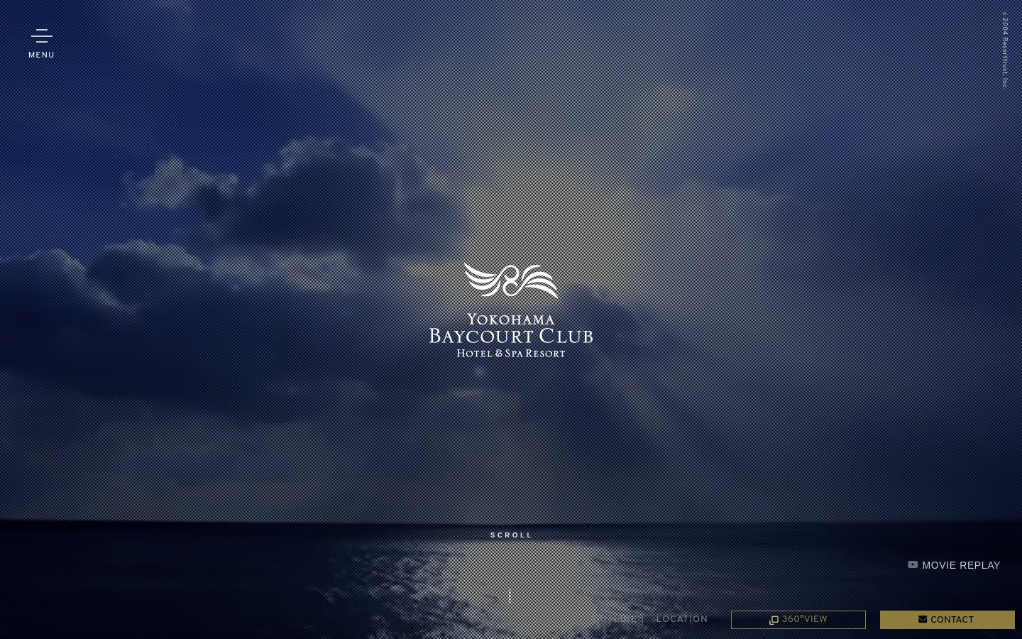The desktop homepage for Yokohama Baycourt Club features a large hero image of a modern, curved glass skyscraper against a bright blue sky with clouds. Below the hero, the layout consists of alternating full-width photographic sections for Design Concept, Restaurants, Facilities, and Guest Rooms, each accompanied by numbered headings and text overlays. The color palette is dominated by bright blues, whites, and high-end architectural imagery.