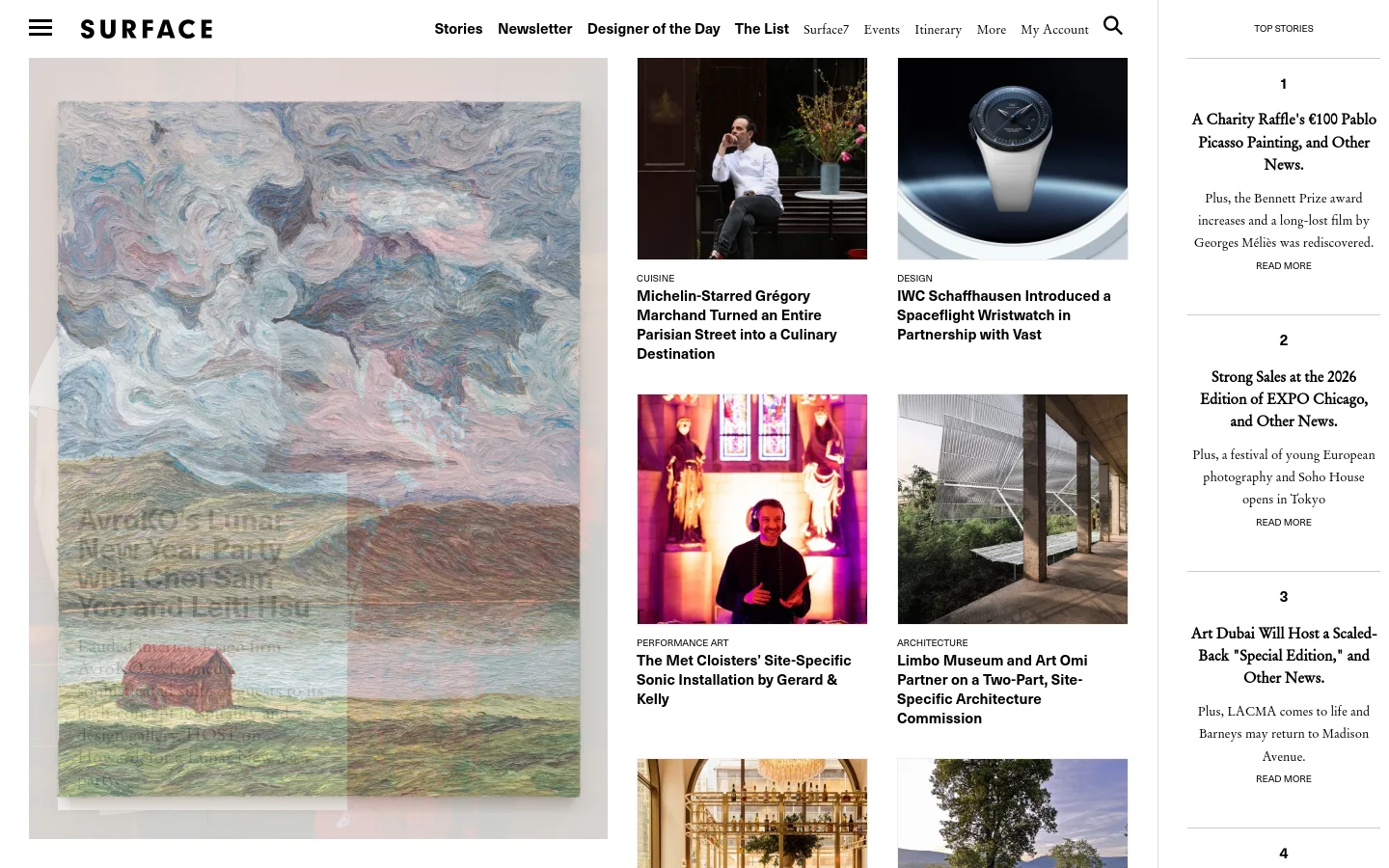 The SURFACE magazine homepage features a minimalist white layout with a top navigation bar and a grid of high-quality editorial imagery. Large, striking photographs accompany headlines about design, cuisine, and art, with a prominent feature on the left showing a landscape painting. The desktop view uses a multi-column grid to display various articles and 'Top Stories' on the right.