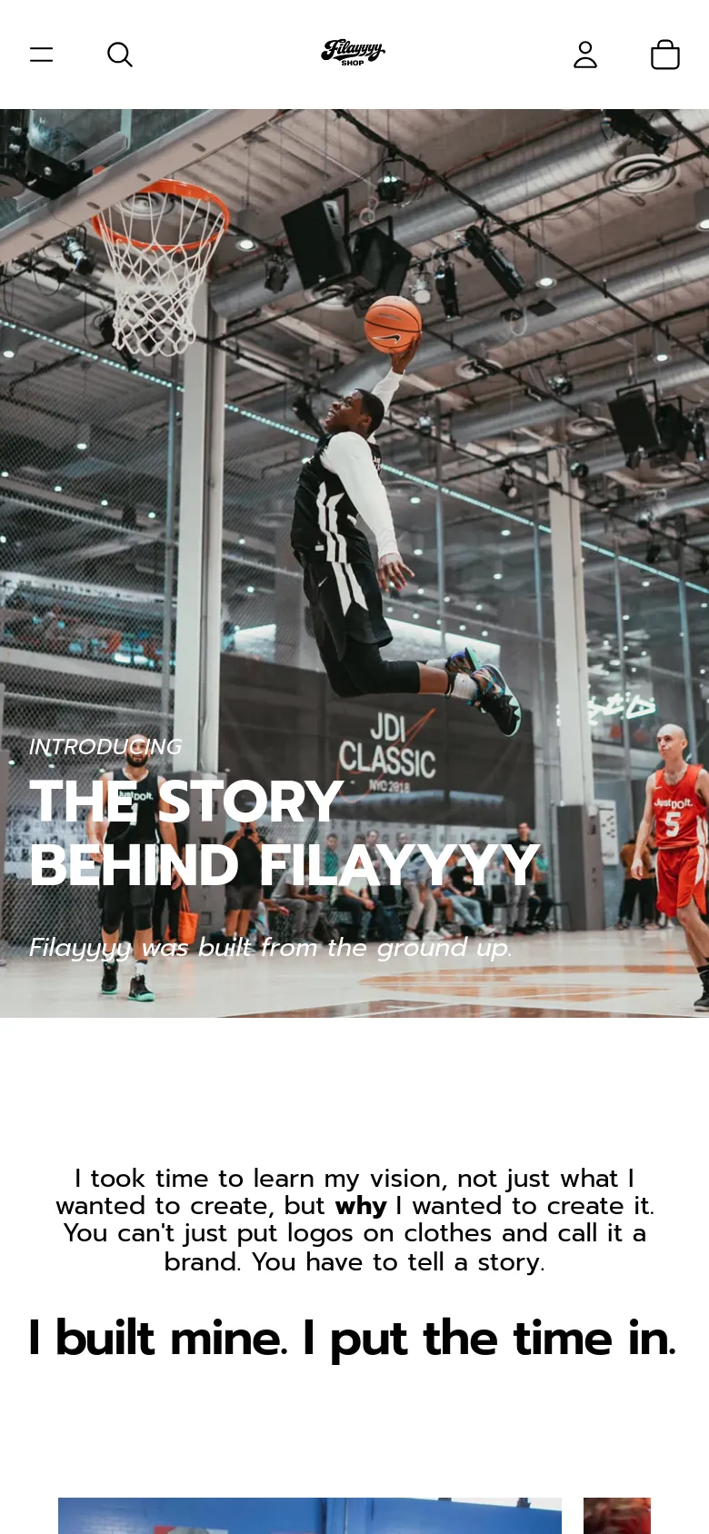 The mobile version maintains the large hero image of the basketball player but scales the text and images for a vertical orientation. The navigation bar is condensed into a hamburger menu on the left, with search, user, and cart icons on the right. The layout follows a single-column scroll of text and images against a white background.