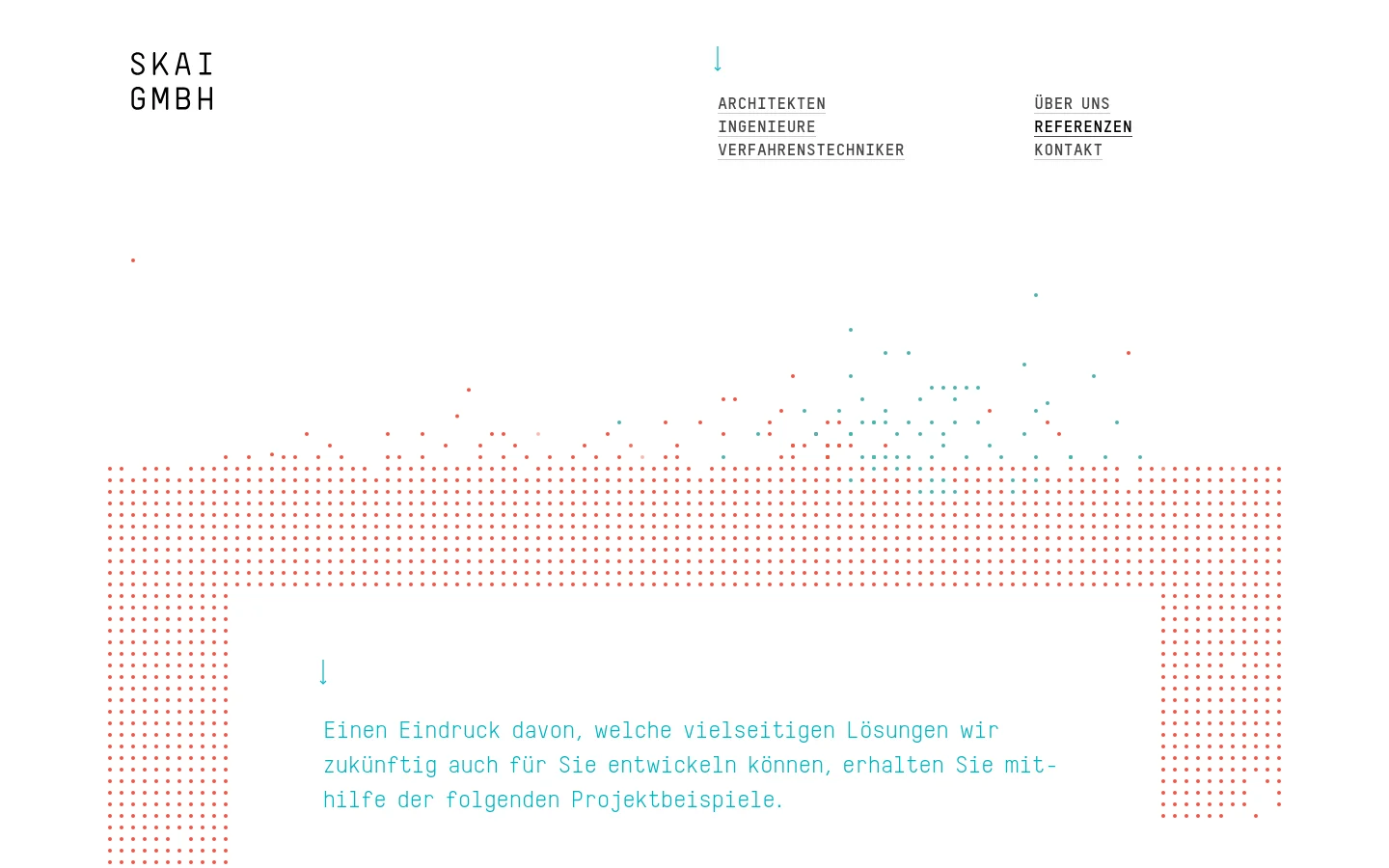 The desktop page features a minimalist white background with a header containing the SKAI GMBH logo and navigation links. A decorative pattern of red and teal dots spans the middle, above a large heading in teal text that introduces project examples. The layout is spacious with significant white space.