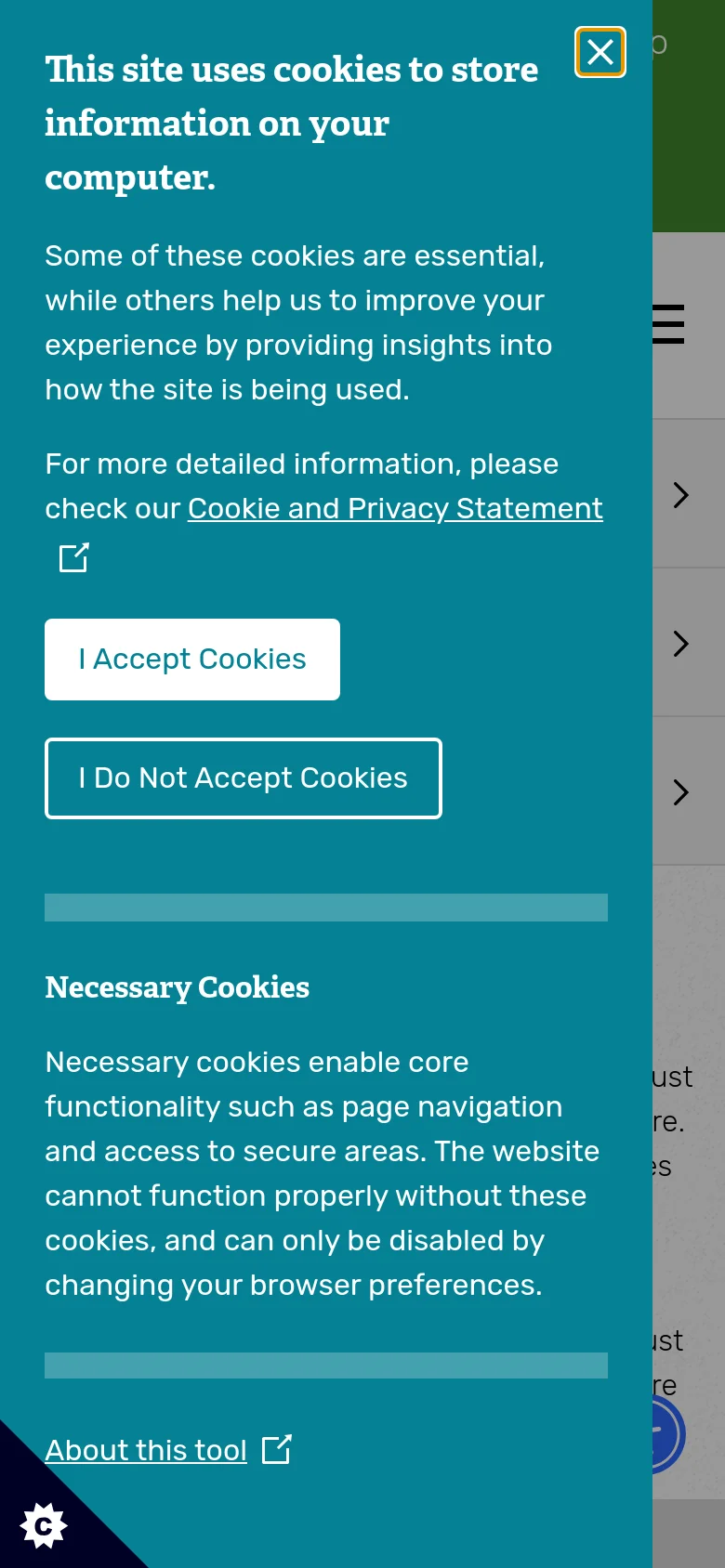 The mobile version presents a vertically stacked layout, starting with a large hero image of an otter. The donation appeal and 'About Us' text follow in a single column, with navigation links and call-to-action buttons appearing as full-width stacked elements for easier tapping. A large cookie consent overlay partially obscures the view.