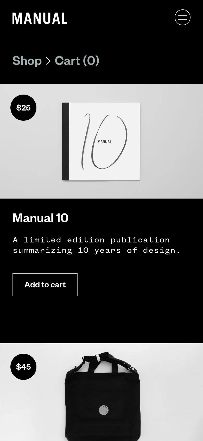 The mobile version maintains the dark theme and minimalist aesthetic but uses a single-column vertical layout. Product images, titles, descriptions, and 'Add to cart' buttons are stacked vertically for easier scrolling on a smaller screen.