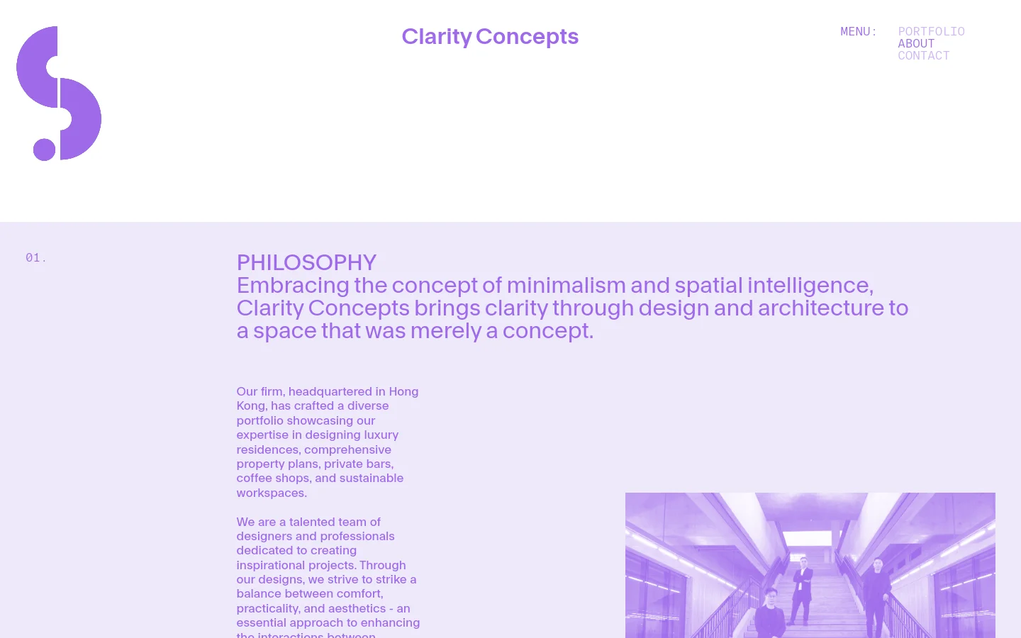 Clarity Concepts about page featuring a minimalist design with a soft lavender and white palette. The layout uses large, elegant serif typography for the philosophy section, paired with a wide-angle architectural photograph of a modern interior staircase.