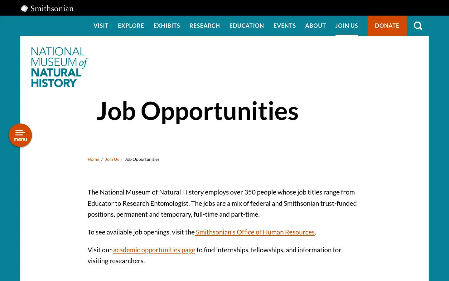The desktop page for Job Opportunities features a clean, white background with the National Museum of Natural History logo in the top left and a dark navigation bar at the top. A large, bold headline reads 'Job Opportunities' above a brief text description explaining the types of roles available and providing links to the Office of Human Resources and academic opportunities. A circular orange 'menu' button is positioned on the left side of the screen.