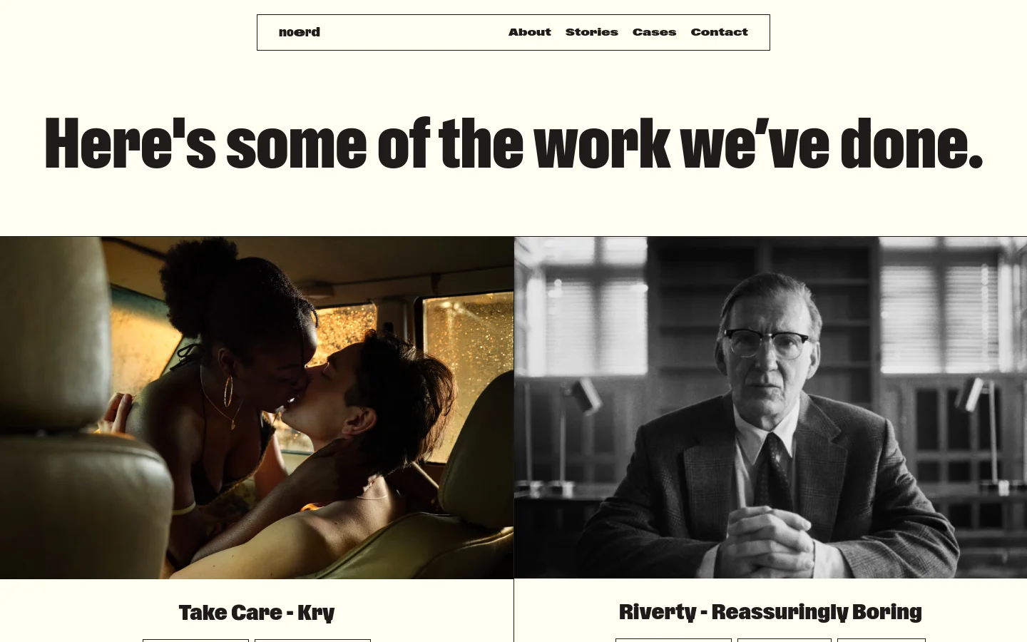 The desktop page features a minimalist cream background with a top navigation bar containing the logo and links. A large, bold headline reads 'Here's some of the work we've done.' followed by a grid of large, high-quality project images, each paired with a title and a list of services like Brand Strategy and Art Direction.