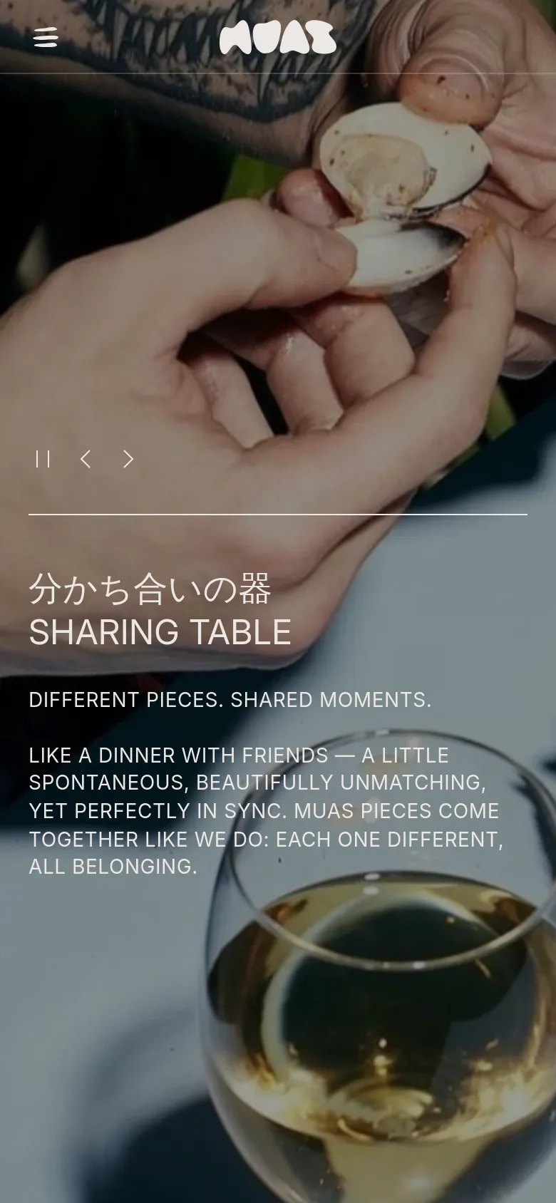The mobile version uses a single-column vertical layout with a full-width background image of hands holding an oyster. A hamburger menu icon is located in the top left, and the brand logo is centered at the top. The text 'SHARING TABLE' is prominently displayed over the image, followed by descriptive paragraph text.