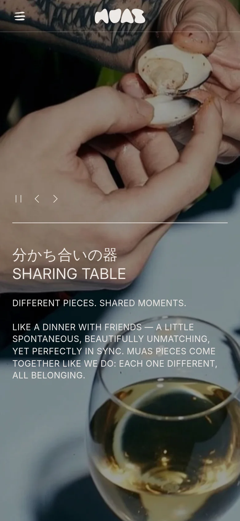 The mobile version uses a single-column vertical layout with a full-width background image of hands holding an oyster. A hamburger menu icon is located in the top left, and the brand logo is centered at the top. The text 'SHARING TABLE' is prominently displayed over the image, followed by descriptive paragraph text.