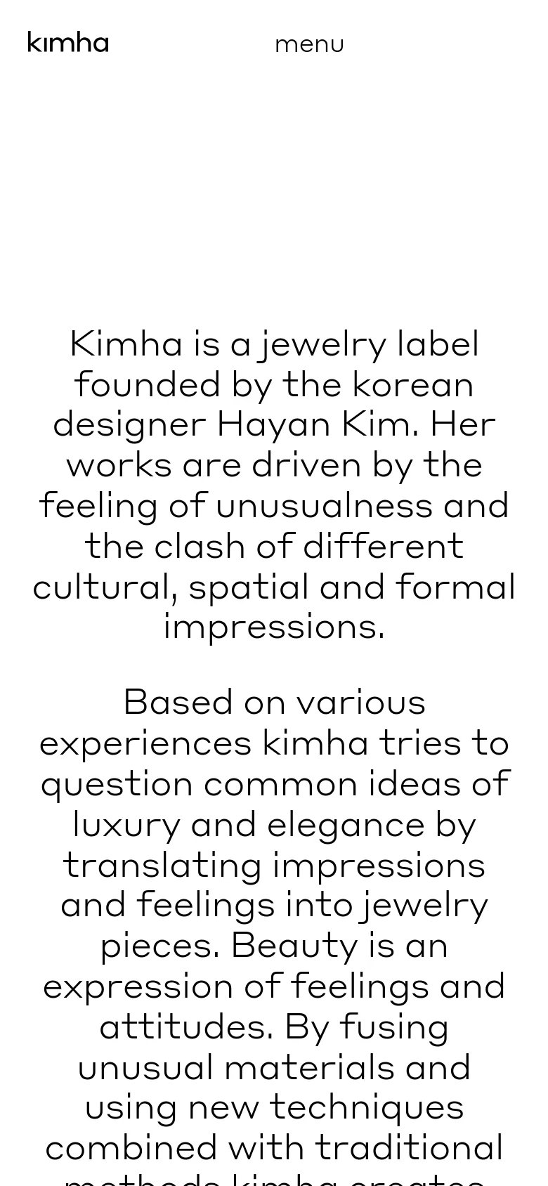 The mobile version presents a simplified vertical layout with a large 'kimha' logo and a 'menu' button at the top. The brand description text is centered and flows in a single column, optimized for a narrow screen.