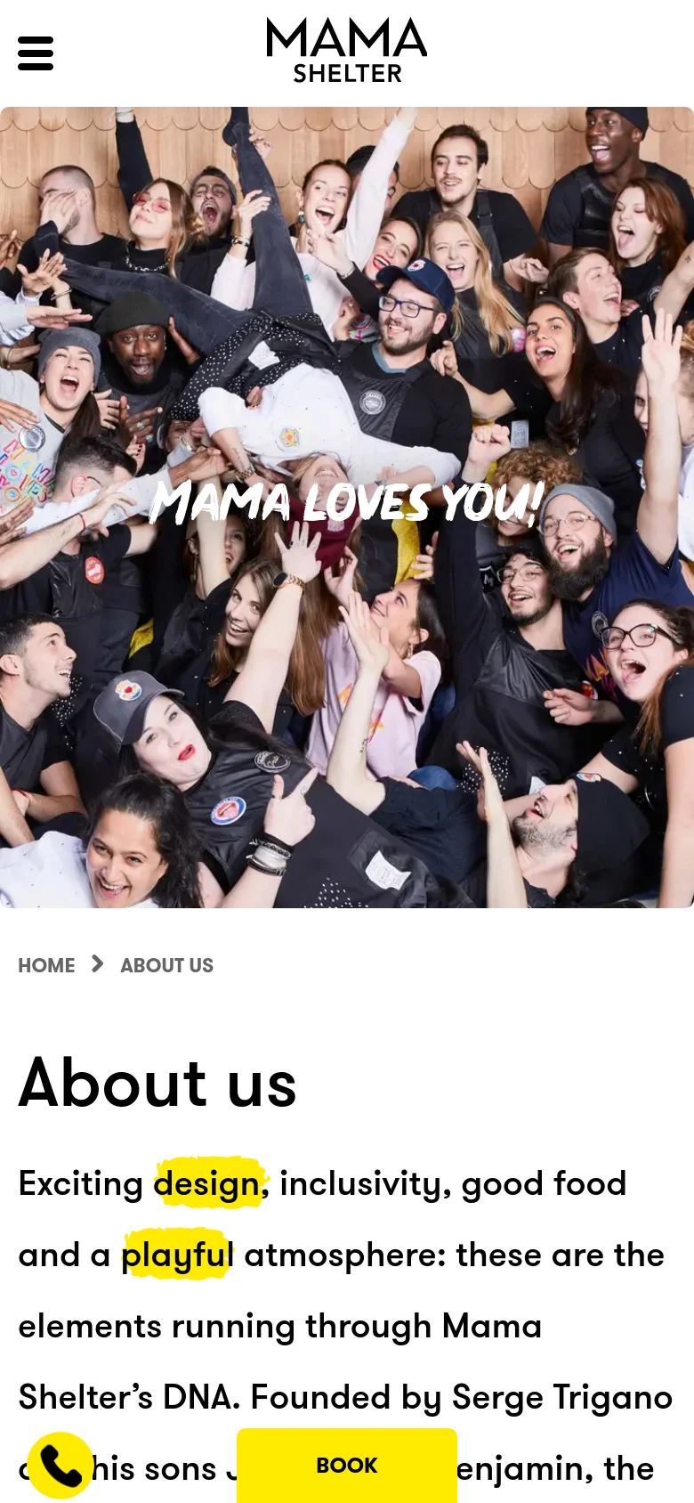 The mobile version presents a vertically stacked layout starting with a full-width hero image of a cheering crowd and the 'MAMA LOVES YOU!' text. A hamburger menu icon and the Mama Shelter logo appear at the top, while a sticky footer contains a yellow 'BOOK' button and a phone icon. The text content follows below the image in a single-column format.