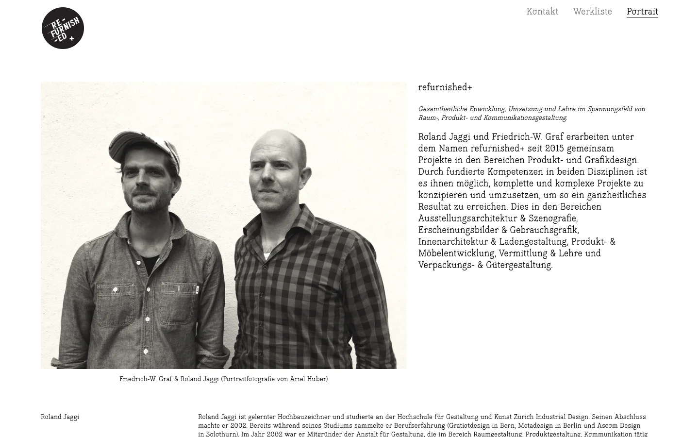 A desktop view of the Portrait page featuring a large black and white hero photograph of Friedrich-W. Graf and Roland Jaggi. The layout consists of a clean white background with a circular logo in the top left, navigation links on the top right, and text content organized with headings and paragraphs below the image.