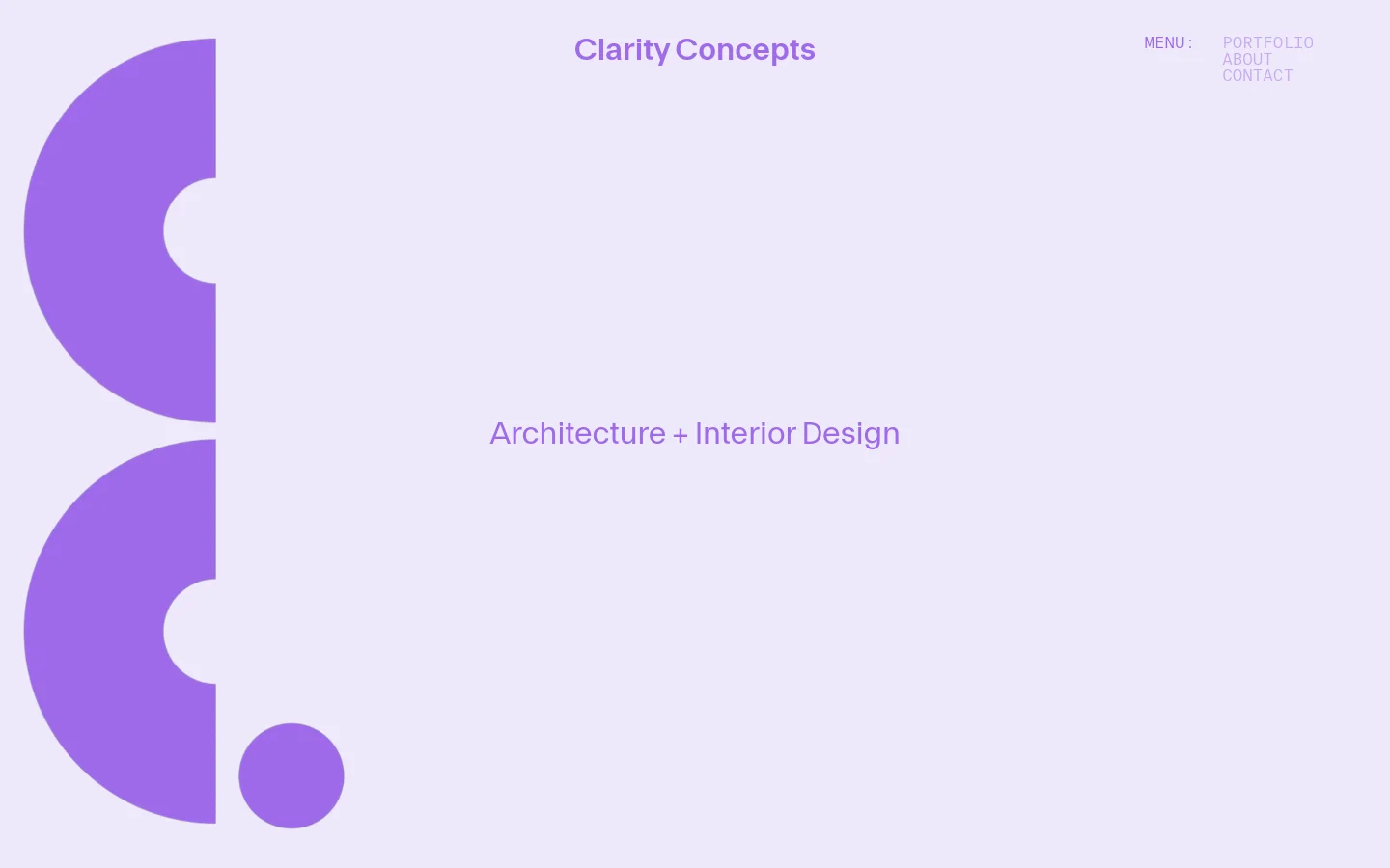 Clarity Concepts homepage featuring a minimalist architecture and interior design layout. The hero section displays large purple abstract shapes and the headline Architecture + Interior Design, followed by an About section with serif typography and a project grid showcasing residential and F&B spaces.