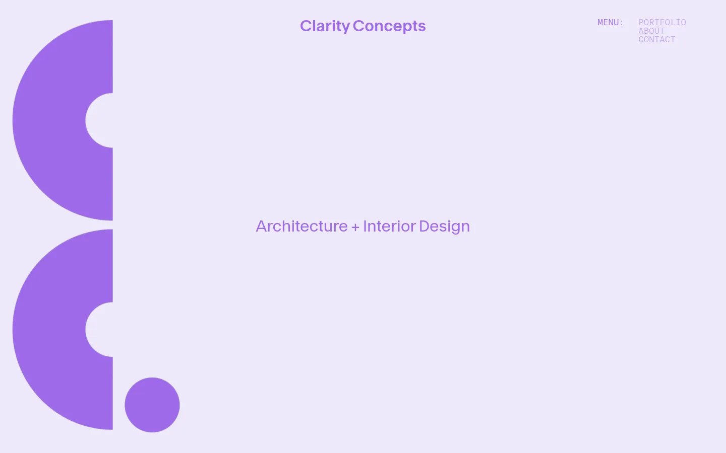 Clarity Concepts homepage featuring a minimalist architecture and interior design layout. The hero section displays large purple abstract shapes and the headline Architecture + Interior Design, followed by an About section with serif typography and a project grid showcasing residential and F&B spaces.