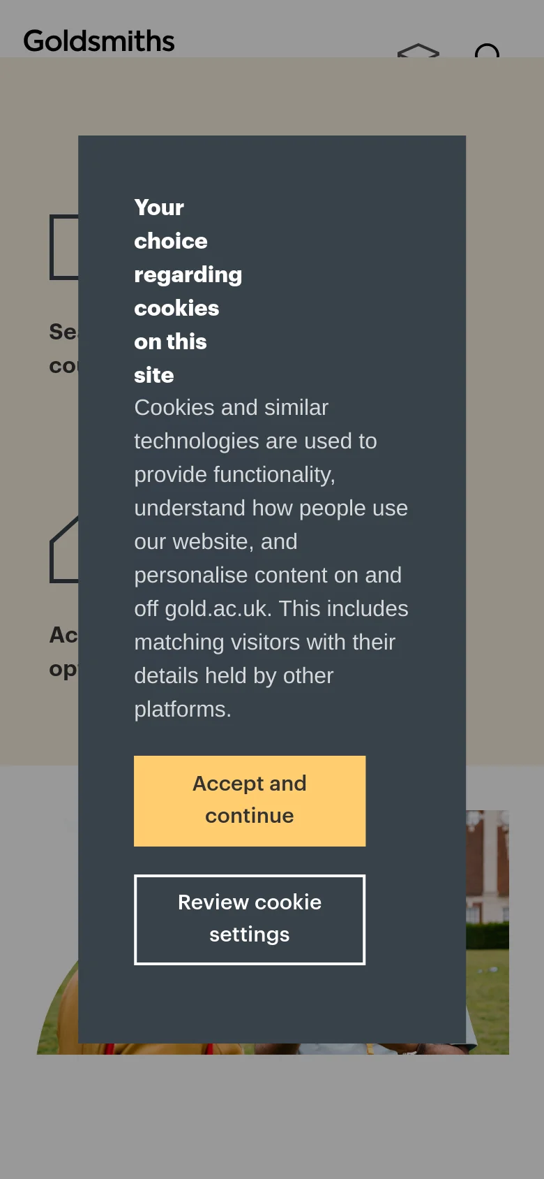 The mobile version presents a simplified vertical layout with a condensed header and a prominent cookie consent overlay covering the center of the screen. The main content sections, such as the Clearing VIP Service and course search icons, are stacked vertically for easier scrolling on a smaller screen.