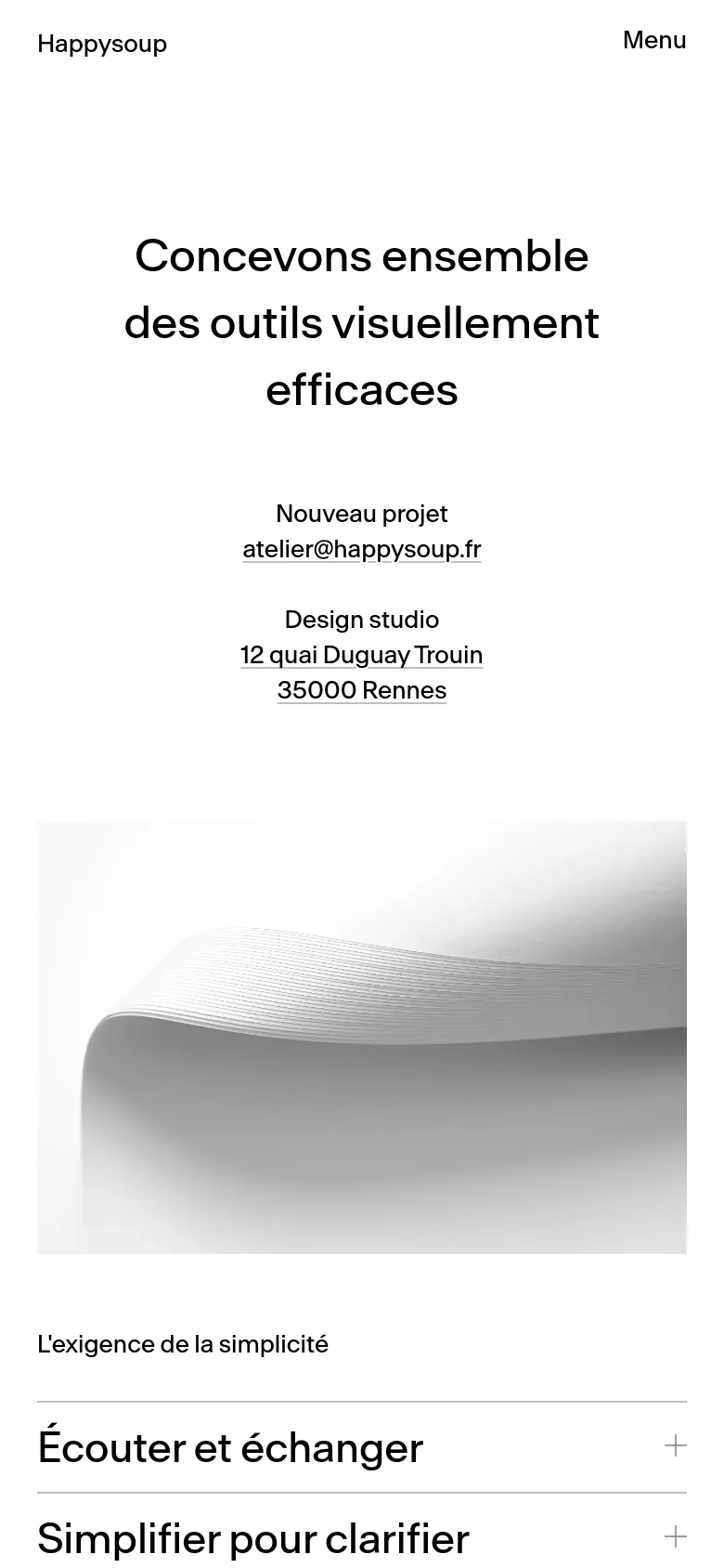 The mobile version presents a single-column layout with the headline and contact details stacked vertically. The navigation is condensed into a 'Menu' link, and the large abstract grayscale image spans the width of the screen above a list of expandable text sections.