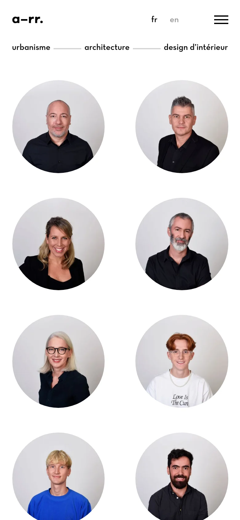 The mobile version simplifies the layout by replacing the left-side navigation with a top hamburger menu and language selectors. The team portraits remain in a circular format but are arranged in a single-column vertical stack for easier scrolling on smaller screens.