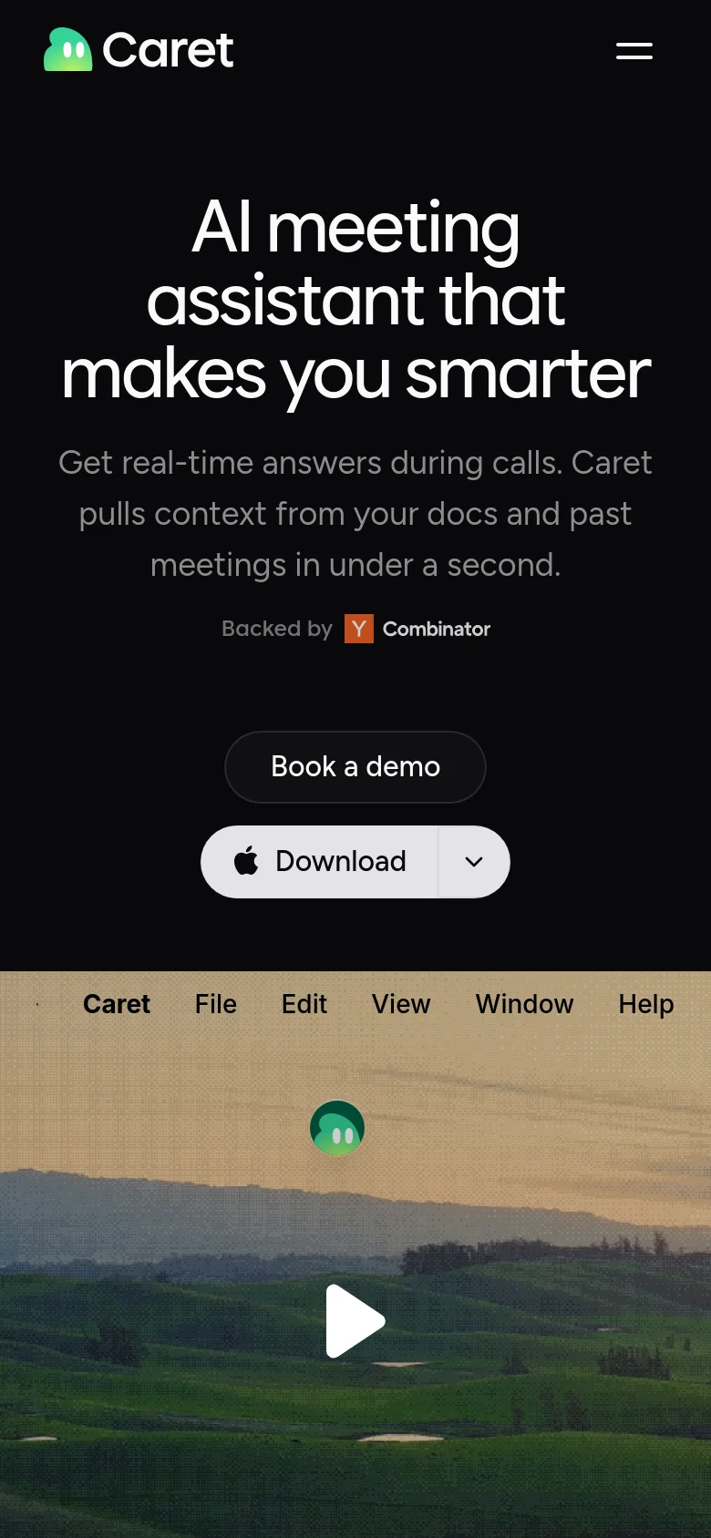 The mobile version maintains the dark aesthetic and centered typography but uses a simplified vertical layout. The navigation is condensed into a hamburger menu, and the hero text and call-to-action buttons are stacked vertically to fit the narrow screen. The large landscape mockup is scaled down to fit the mobile viewport width.