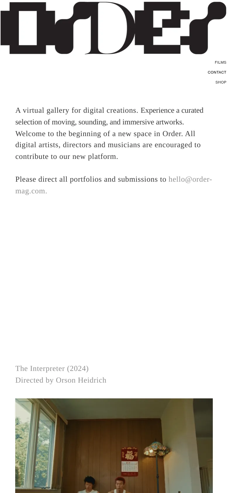 The mobile version presents a vertically stacked layout optimized for smaller screens, starting with the large black 'ORDER' logo. The introductory text and submission email are centered, followed by film entries that appear as single-column list items with large imagery below the titles. The navigation menu is condensed, and the overall aesthetic remains clean with high-contrast black text on a white background.