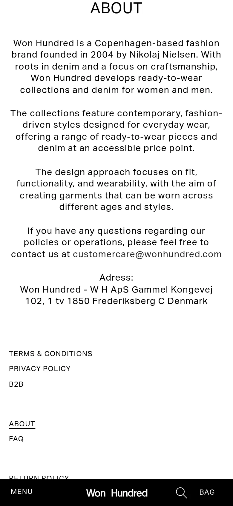 The mobile version simplifies the layout into a single vertical column, focusing on the centered 'ABOUT' headline and brand description text. The top navigation is replaced by a compact 'MENU' and 'BAG' bar, and the footer links are stacked vertically for easier scrolling on a smaller screen.