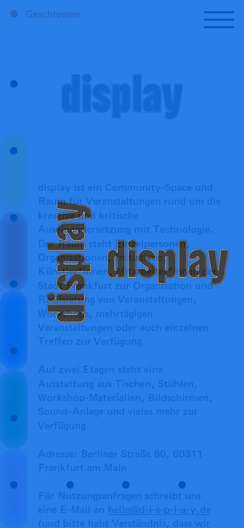 The mobile version uses a solid blue background with a large, semi-transparent 'display' logo. The navigation is condensed into a hamburger menu icon in the top right, and the content is stacked vertically, showing the logo and introductory text in a single column.