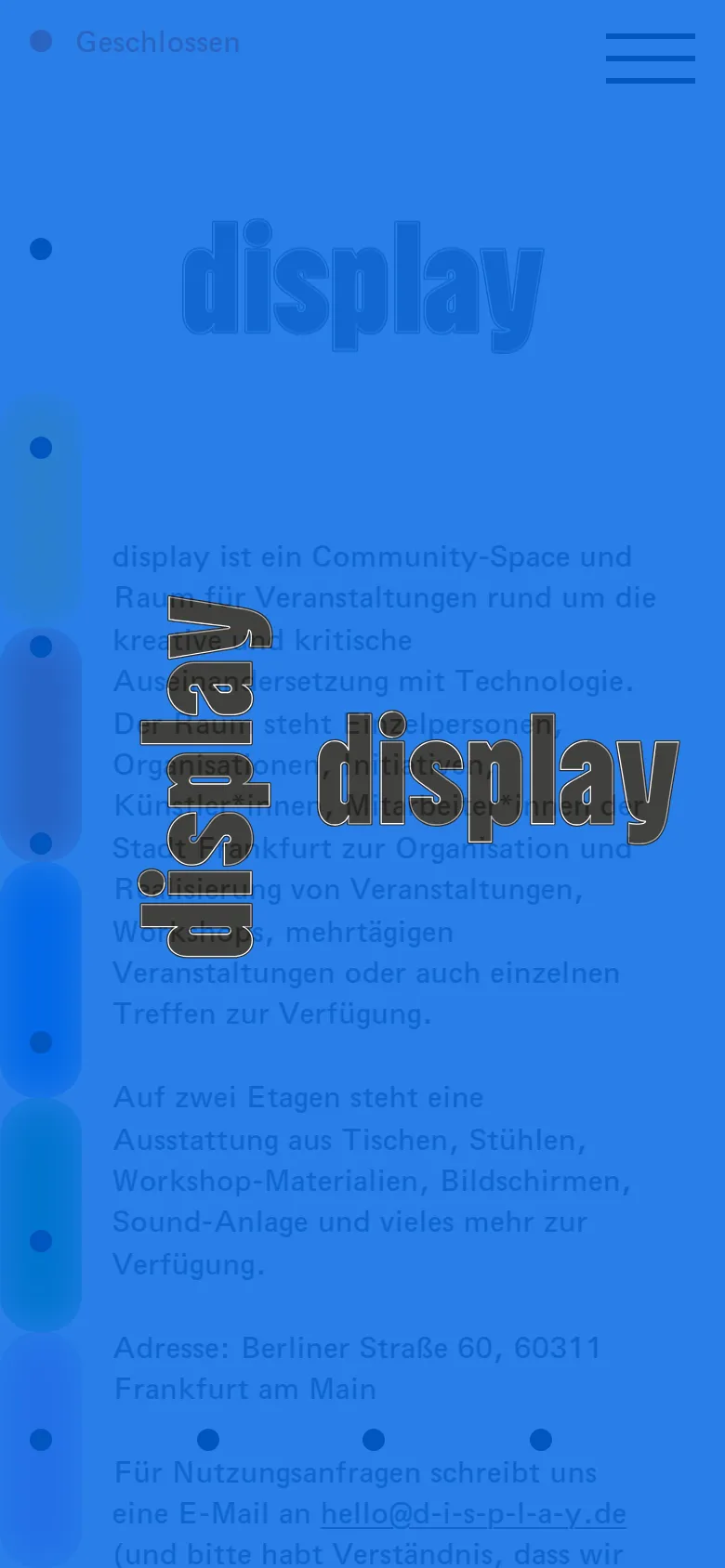 The mobile version uses a solid blue background with a large, semi-transparent 'display' logo. The navigation is condensed into a hamburger menu icon in the top right, and the content is stacked vertically, showing the logo and introductory text in a single column.