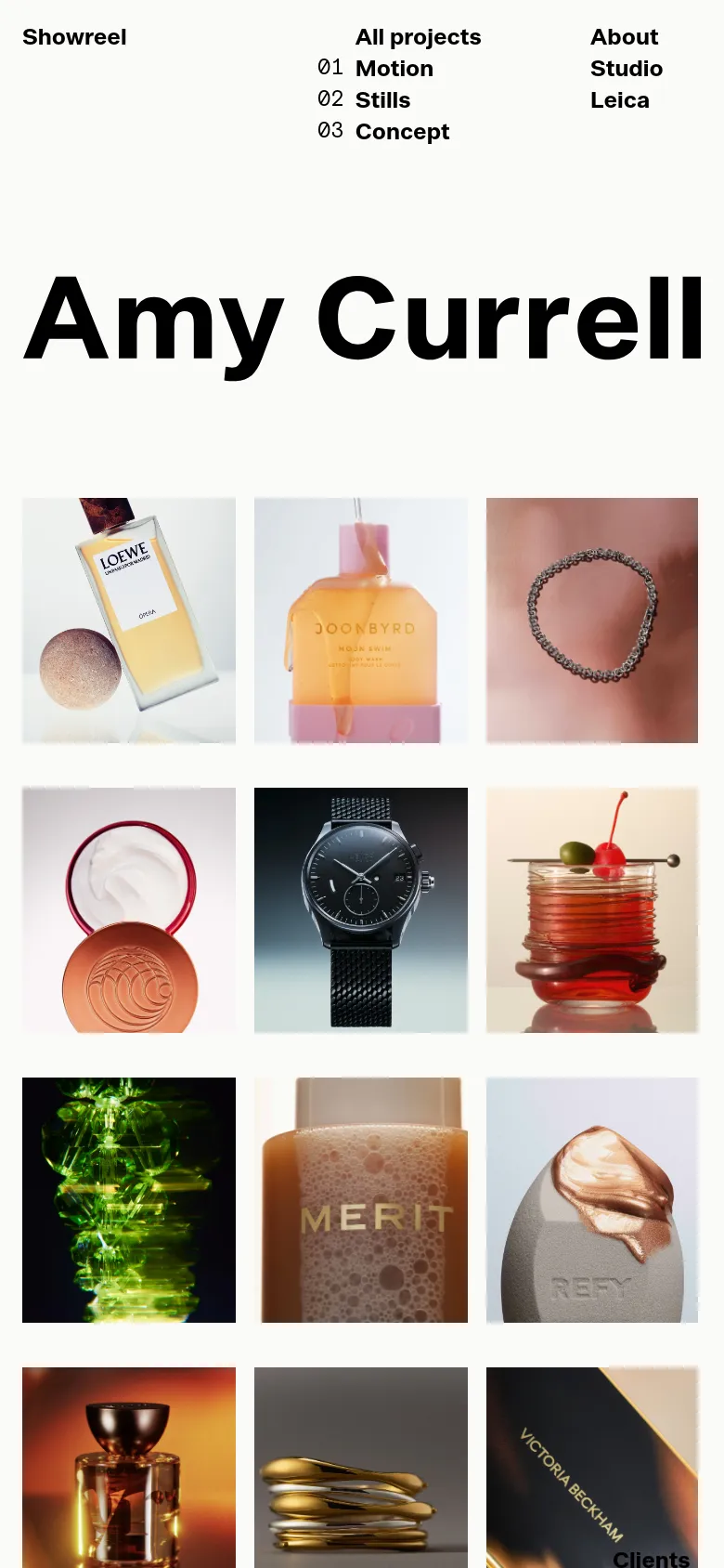 The mobile version maintains the minimalist aesthetic with the large 'Amy Currell' title centered at the top. The project images are rearranged into a single-column vertical scroll, making each product shot larger and easier to view on a small screen. The navigation links are condensed at the top of the page.