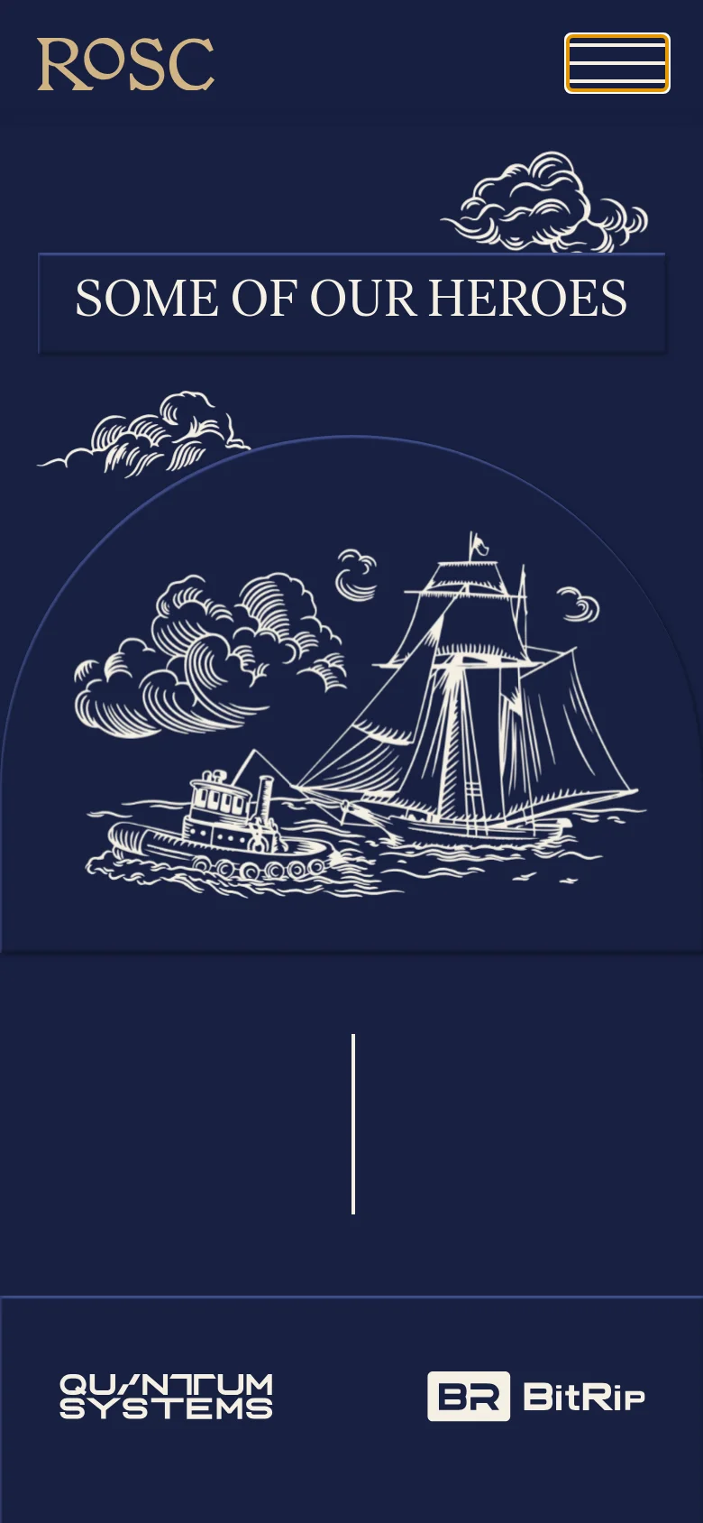 The mobile version presents a single-column layout on a dark navy background. The hero section features the 'SOME OF OUR HEROES' headline and the sailing ship line-art illustration stacked vertically, followed by a scrolling grid of client logos below. A hamburger menu icon is visible in the top right corner.
