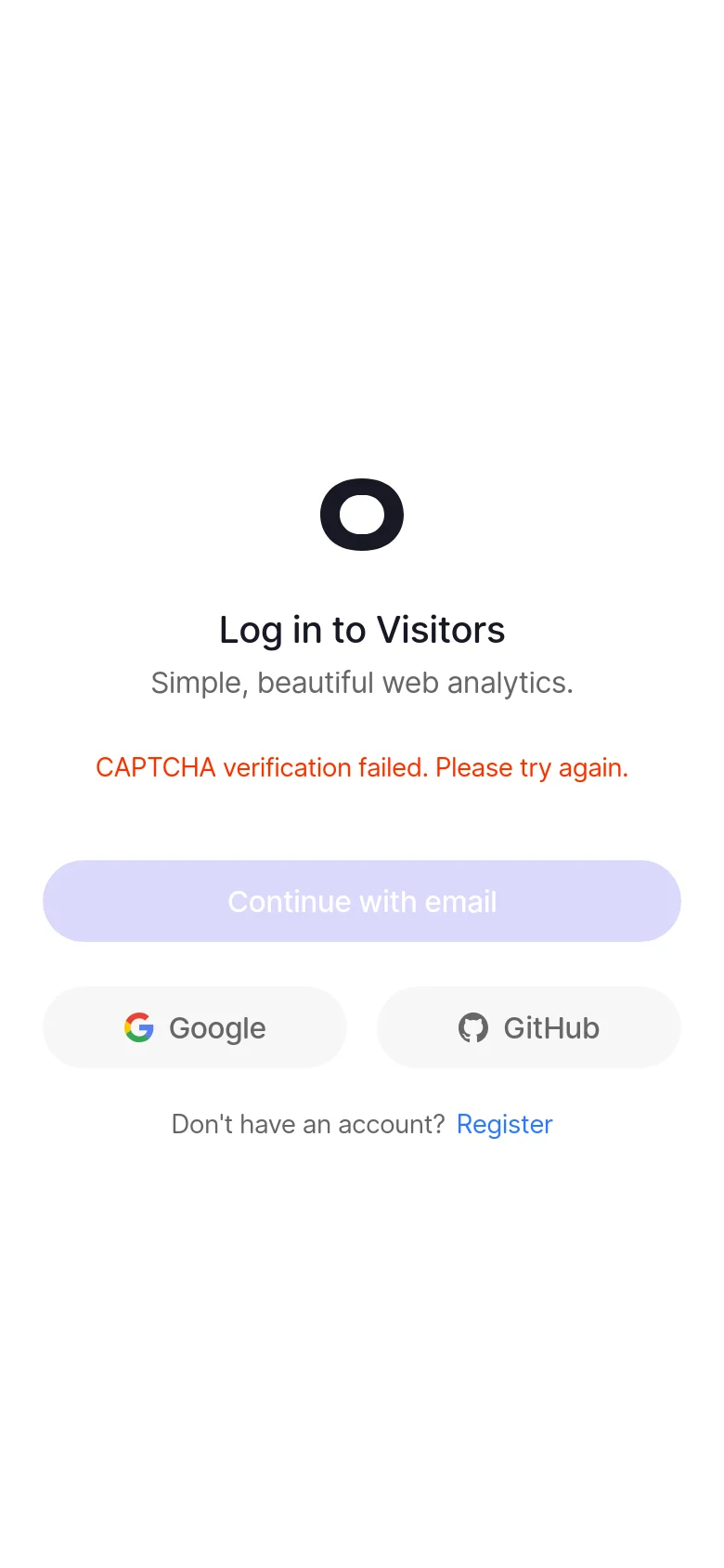 The mobile version simplifies the layout into a single centered column on a white background. The login form, including the email field, purple action button, and Google and GitHub buttons, is stacked vertically above the 'Register' link. The large world map graphic from the desktop version is removed to prioritize the login interface.
