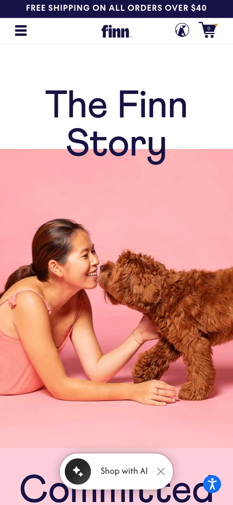 The mobile version presents a vertically stacked layout, beginning with the 'The Finn Story' headline and a large hero image of a woman and dog. The navigation is condensed into a hamburger menu, the Finn logo, and icons for a quiz and shopping cart. A 'Shop with AI' floating button is visible at the bottom of the screen.