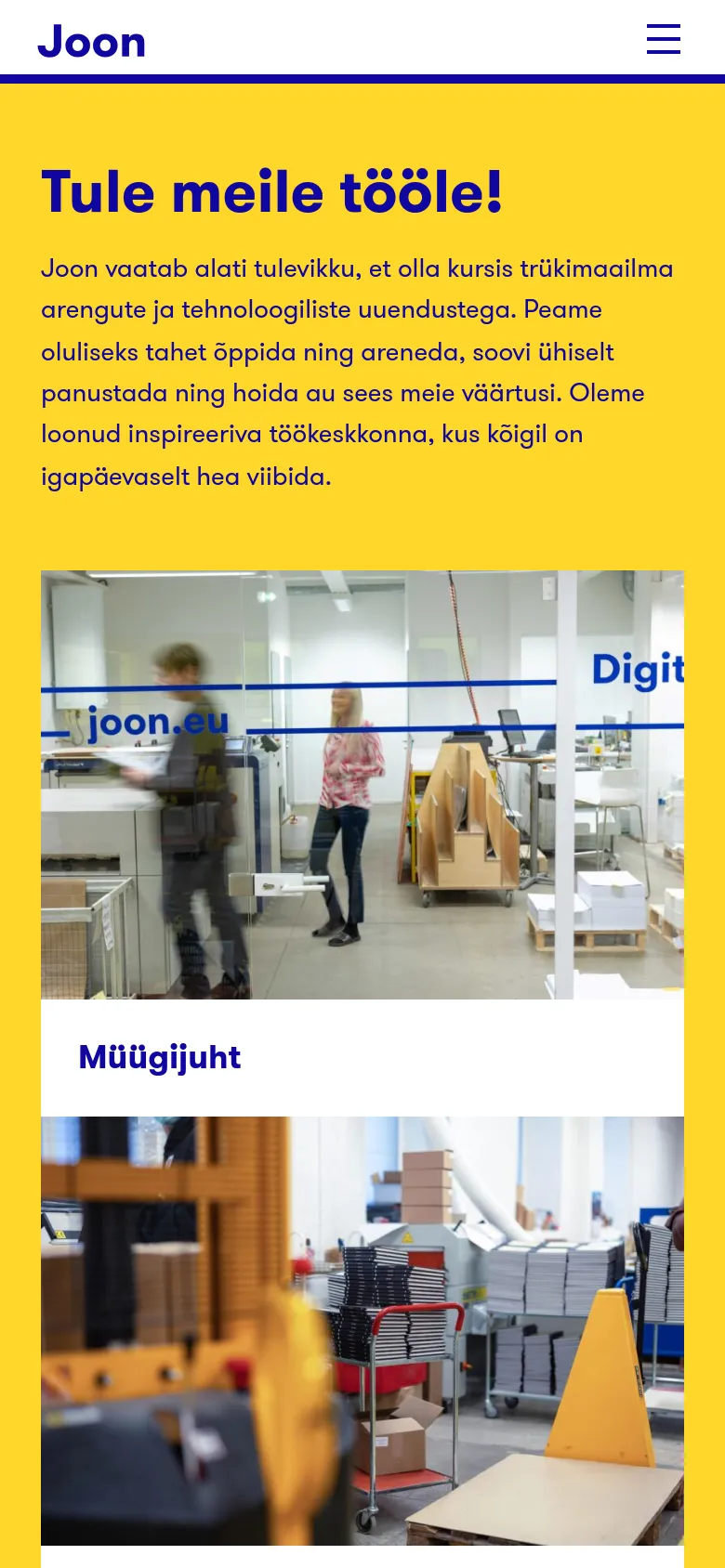 The mobile version uses a vertical layout on a yellow background, stacking the headline, introductory text, and job cards vertically. The top navigation bar is replaced by a hamburger menu icon next to the Joon logo. The job cards appear larger and occupy the full width of the screen.