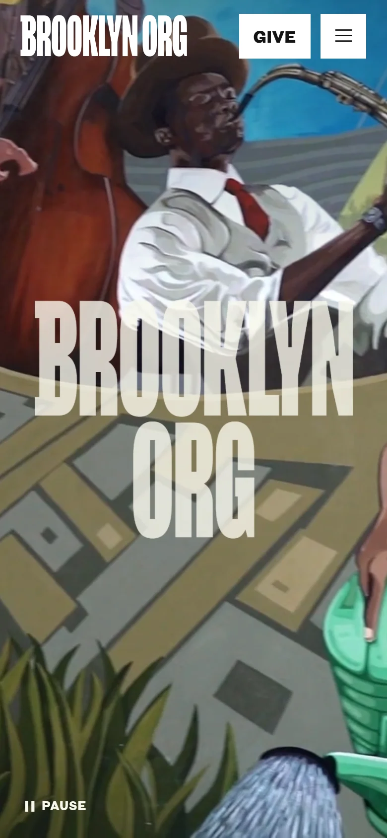 The mobile version simplifies the layout, replacing the horizontal navigation menu with a hamburger menu icon on the right. The Brooklyn Org logo remains prominent, and the 'Give' button is positioned next to the menu icon. The large mural hero image fills the entire screen background.