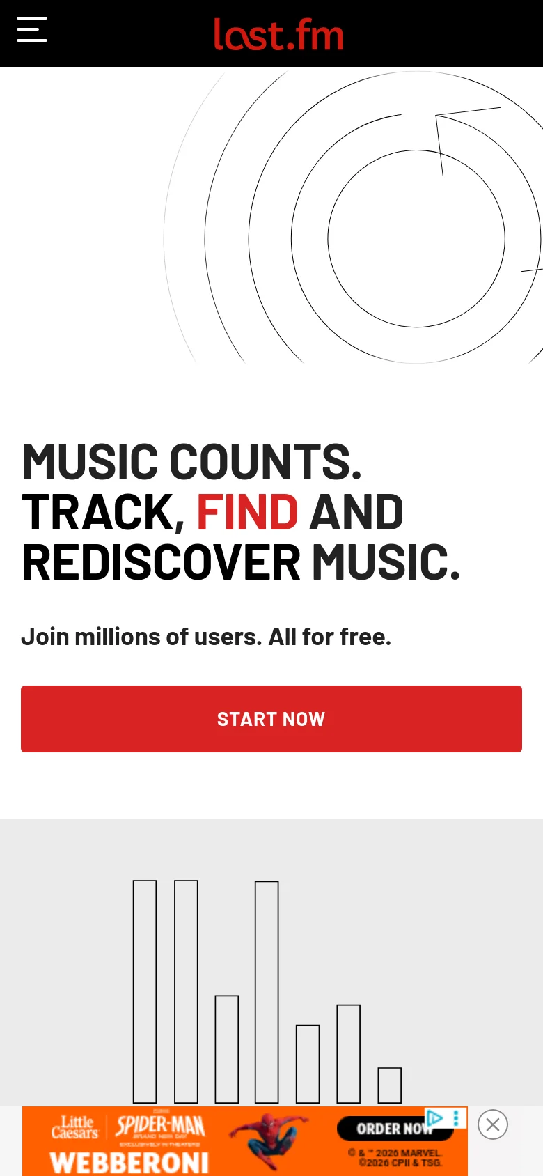 The mobile version presents a vertically stacked layout with the same bold headline and red 'START NOW' call-to-action button. The header is condensed into a hamburger menu and the Last.fm logo, and the large sun graphic is positioned above the main text instead of beside it.