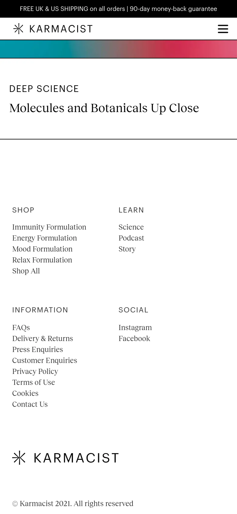 The mobile version simplifies the layout, replacing the desktop navigation bar with a hamburger menu icon next to the Karmacist logo. The colorful gradient bar remains at the top, above the 'DEEP SCIENCE' heading. The footer links are stacked vertically in single columns for easier scrolling on a smaller screen.