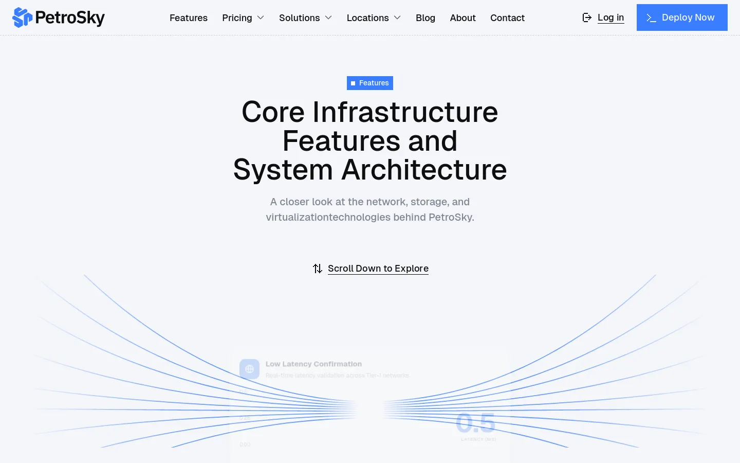 The desktop page features a clean, minimalist design with a white background and dark text. A large hero headline reads 'Core Infrastructure Features and System Architecture' above a 'Scroll Down to Explore' link, set against a background of light blue radiating lines. Below the hero, a 'Performance Boost' card displays blue progress bars showing server performance percentages for AMD EPYC 9654 hardware.