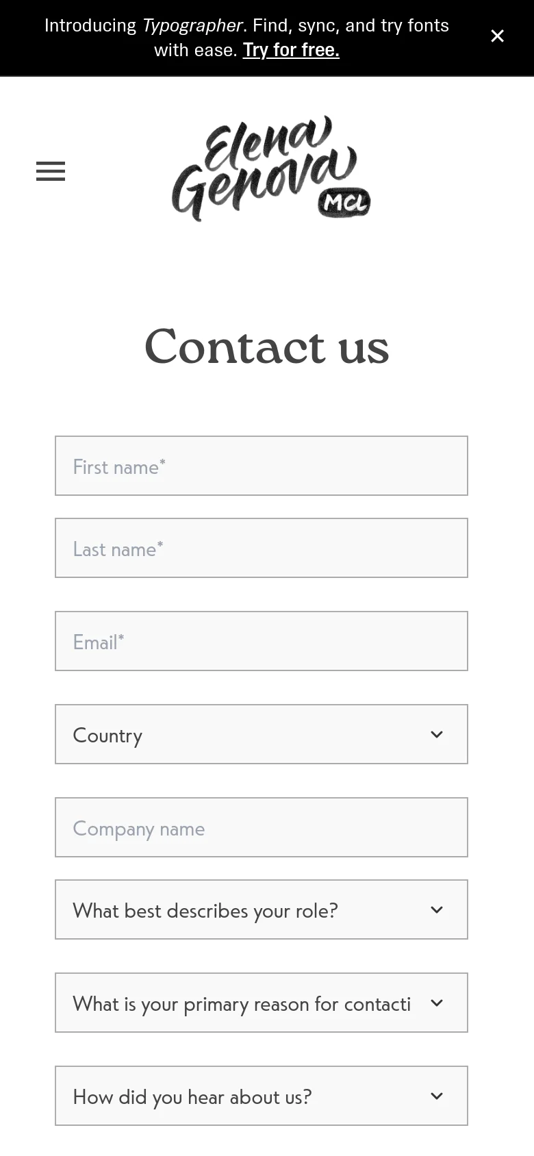 The mobile version maintains the minimalist white layout but uses a single-column stacked design for the contact form to fit the narrow screen. The navigation menu is condensed into a hamburger icon on the left, and the logo remains centered above the 'Contact us' heading and form fields.