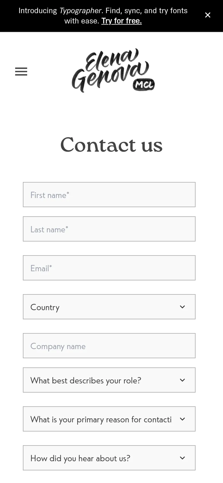 The mobile version maintains the minimalist white layout but uses a single-column stacked design for the contact form to fit the narrow screen. The navigation menu is condensed into a hamburger icon on the left, and the logo remains centered above the 'Contact us' heading and form fields.