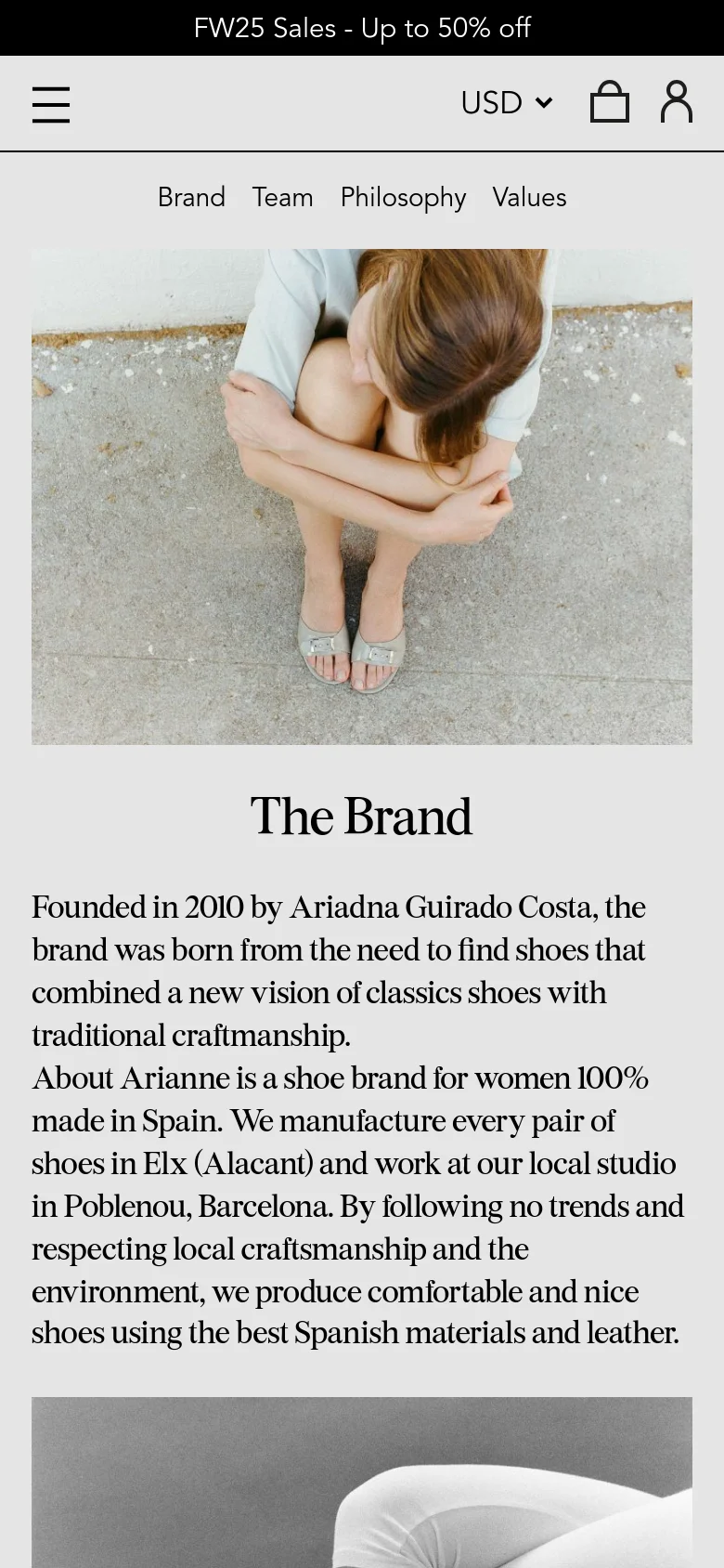 The mobile version uses a condensed layout with a hamburger menu icon and a shopping bag icon in the header. The navigation links are simplified, and the content is stacked vertically, starting with a large hero image followed by the 'The Brand' heading and body text.