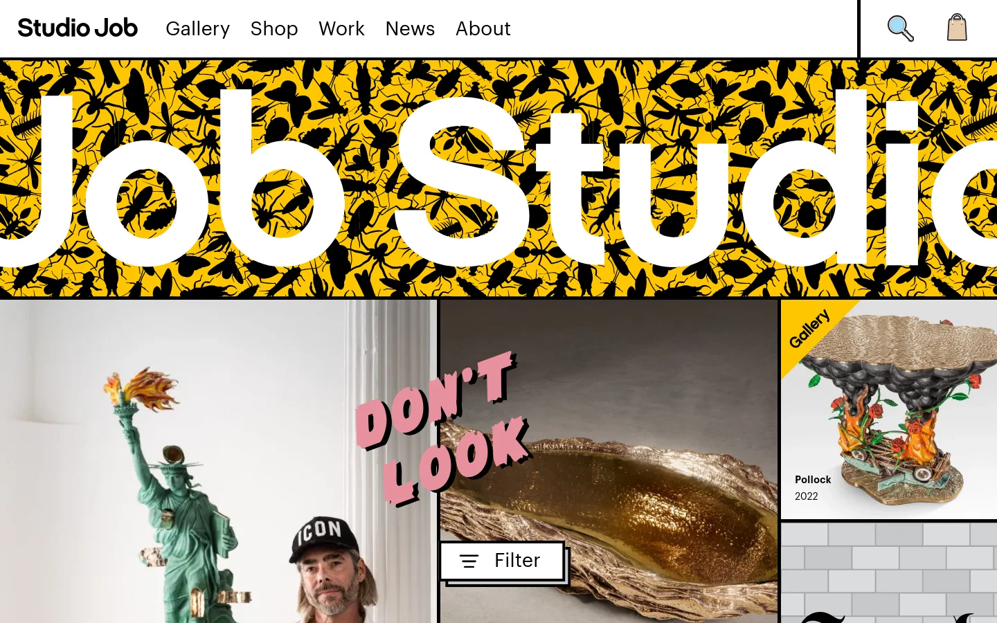 The desktop homepage features a bold, maximalist design with a large 'Studio Job' header set against a yellow background filled with black insect illustrations. Below the header, a grid layout showcases sculptural art pieces, including a green statue and a metallic object, overlaid with large pink text that reads 'DON'T LOOK'. Navigation links for Gallery, Shop, Work, News, and About are positioned at the top left.