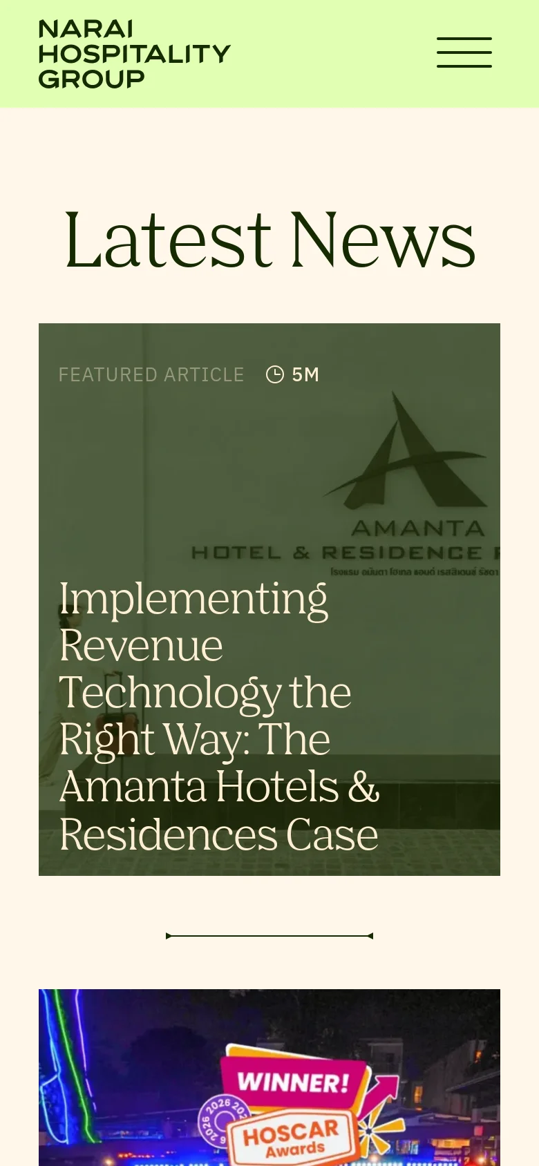 The mobile version shows a simplified layout with a hamburger menu icon next to the Narai Hospitality Group logo on a light green header. The 'Latest News' headline is centered, followed by the featured article presented as a large vertical image card with white text overlaying the bottom half.