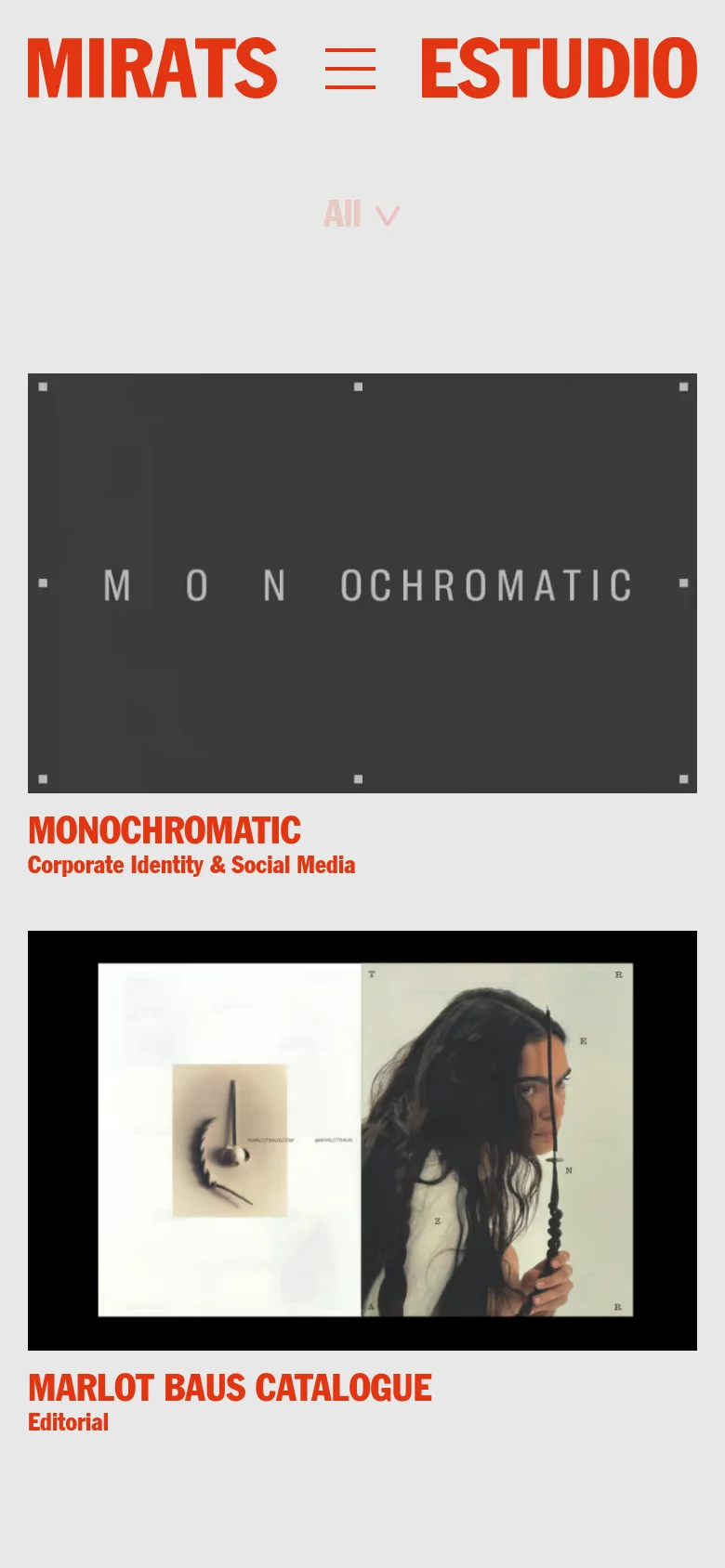 The mobile version simplifies the layout, replacing the horizontal navigation menu with a large hamburger icon next to the 'MIRATS ESTUDIO' logo. The project category filter is condensed into a single 'All' dropdown menu. Project entries are stacked vertically in a single column, showing large imagery followed by red project titles and category descriptions.