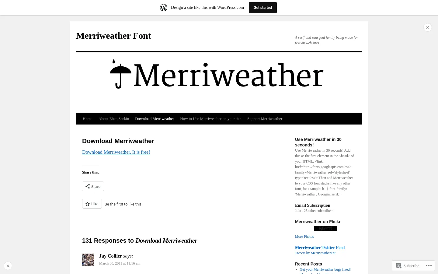 The desktop page features a large header with the Merriweather logo and a black navigation bar. The main content area includes a large 'Download Merriweather' heading with a blue text link, followed by social sharing buttons and a comments section. A right sidebar contains instructions on how to use the font, an email subscription prompt, and links to Flickr and Twitter feeds.