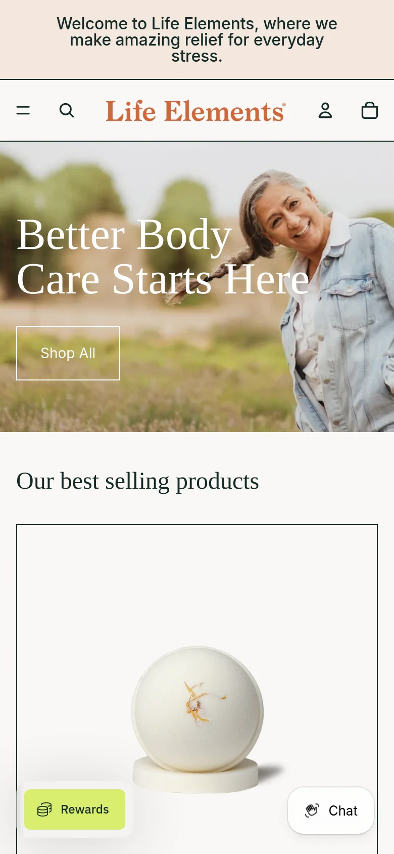 The mobile version presents a vertically stacked layout with a condensed header containing a hamburger menu, search icon, and user profile. The hero image is centered with the 'Better Body Care Starts Here' text and 'Shop All' button overlaid, followed by a single-column view of the best-selling products.