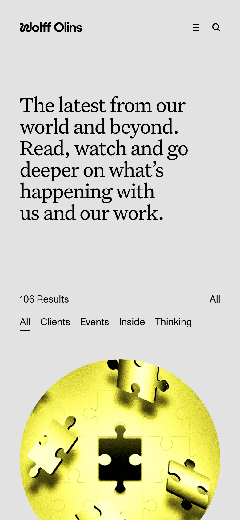 The mobile version maintains the minimalist aesthetic and large serif headline but uses a vertical layout. The category filter is presented in a single row above the content, and the news article grid transitions to a single-column stack, showing one large circular image and its corresponding text per row.