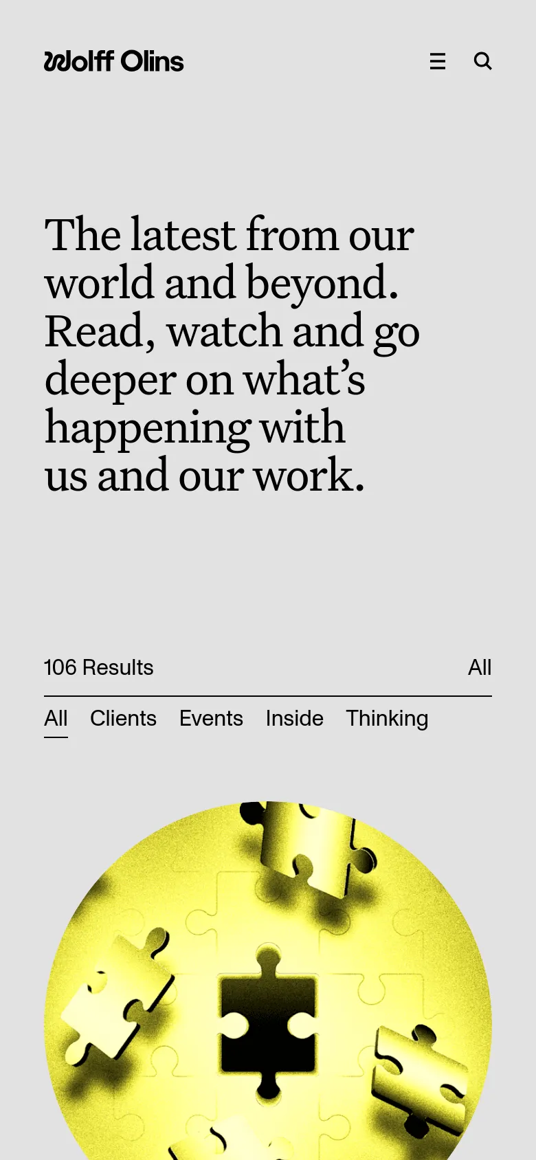 The mobile version maintains the minimalist aesthetic and large serif headline but uses a vertical layout. The category filter is presented in a single row above the content, and the news article grid transitions to a single-column stack, showing one large circular image and its corresponding text per row.