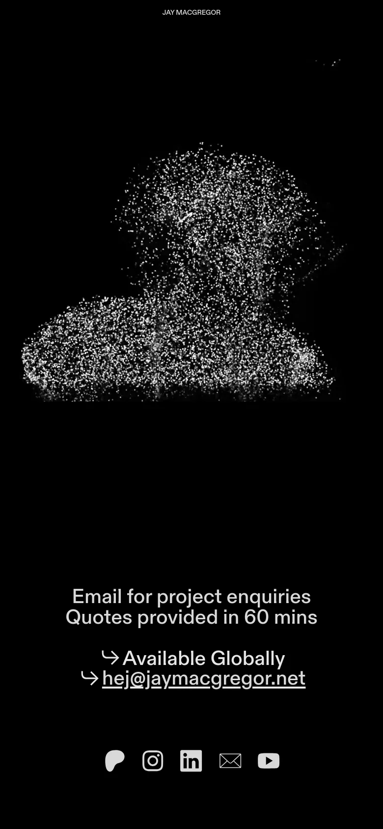 The mobile version presents a simplified, vertically stacked layout on a black background. The large stippled portrait is moved to the top, followed by prominent contact text including an email address and a call to action. Social media icons are centered at the bottom of the screen for easy access.