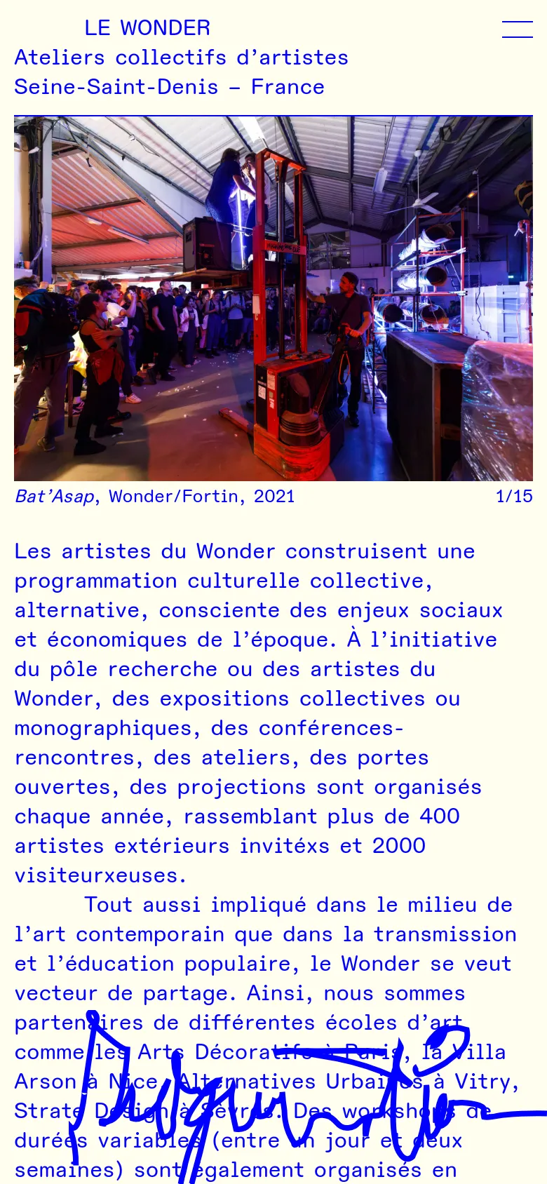 The mobile version presents a simplified vertical layout with a hamburger menu icon in the top right. The hero image and mission statement text occupy the full width of the screen, followed by the event list, optimized for vertical scrolling on a smaller display.