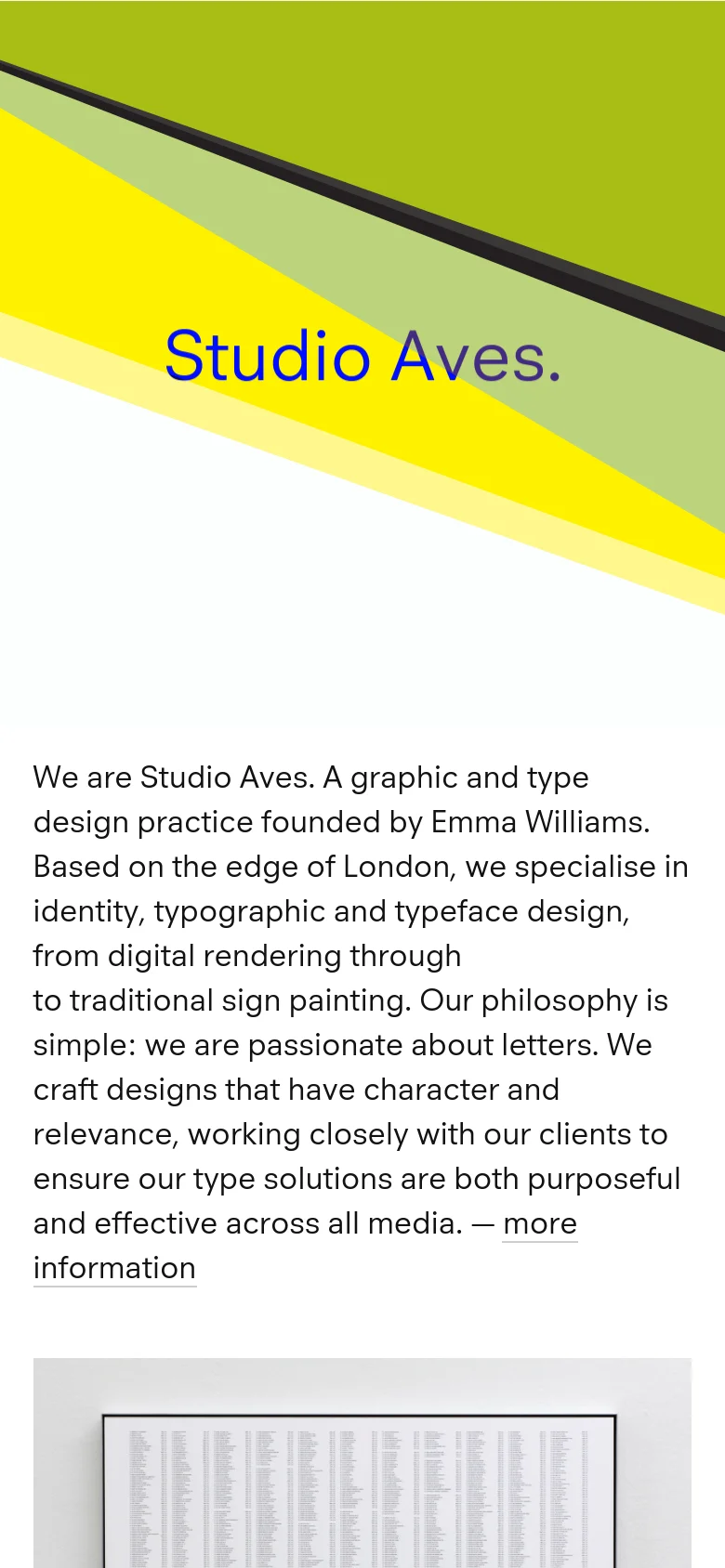The mobile version maintains the minimalist aesthetic but uses a single-column vertical layout. The vibrant blue hero section with 'Studio Aves.' is prominent at the top, followed by the studio's mission statement and contact details in a clean, readable format. The navigation and bird name lists are stacked vertically to suit the narrow screen.