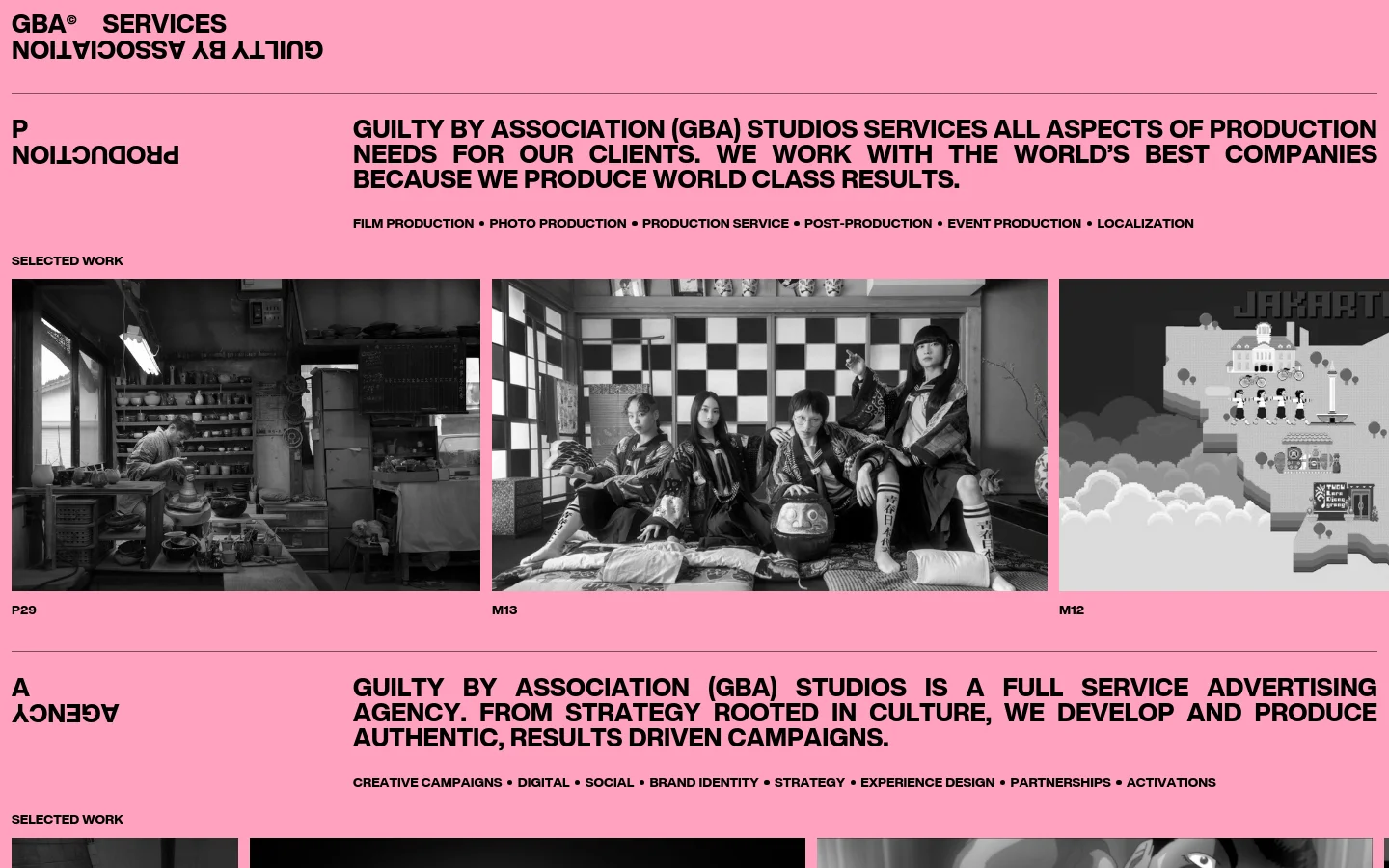 The desktop page features a bold pink background with high-contrast black typography. The layout includes large headings for 'Production' and 'Agency' sections, followed by a 'Selected Work' grid showcasing large black-and-white project images. Each image is accompanied by a project title and a code like 'P29' or 'M13'.