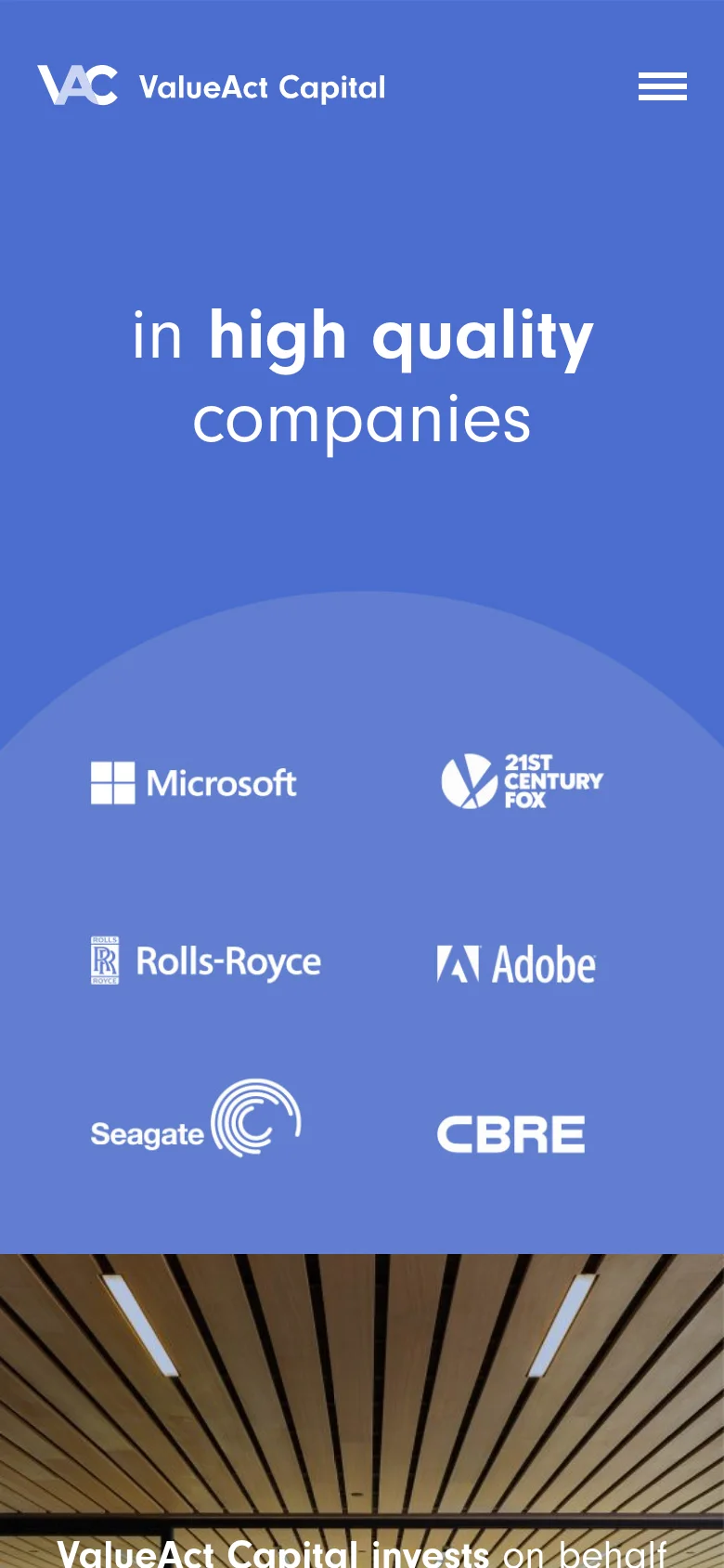 The mobile version uses a similar blue color scheme but simplifies the header to a hamburger menu icon next to the ValueAct Capital logo. The hero text 'in high quality companies' is centered and larger, with the partner logos arranged in a two-column grid below it. The layout is vertically stacked to fit the narrow screen.