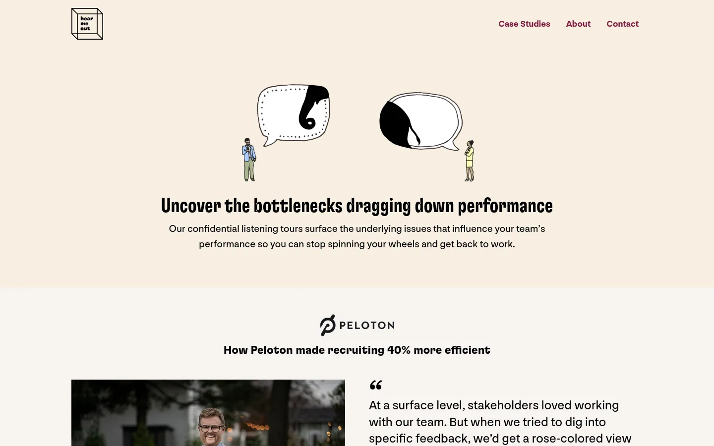 The desktop homepage features a cream background with a minimalist layout. A hero section shows an illustration of two workers with speech bubbles containing an elephant's head and tail, above the headline 'Uncover the bottlenecks dragging down performance.' Below, a case study section highlights Peloton with a photo of Will Blaze and a testimonial.