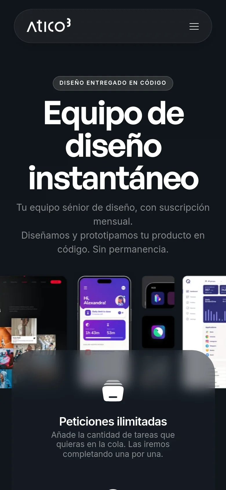 Mobile version of the pricing page with a centered, single-column layout. The navigation is condensed into a hamburger menu icon, and the hero text is scaled down to fit the screen. The design showcase images are stacked vertically, and a prominent feature card for 'Peticiones ilimitadas' appears at the bottom.